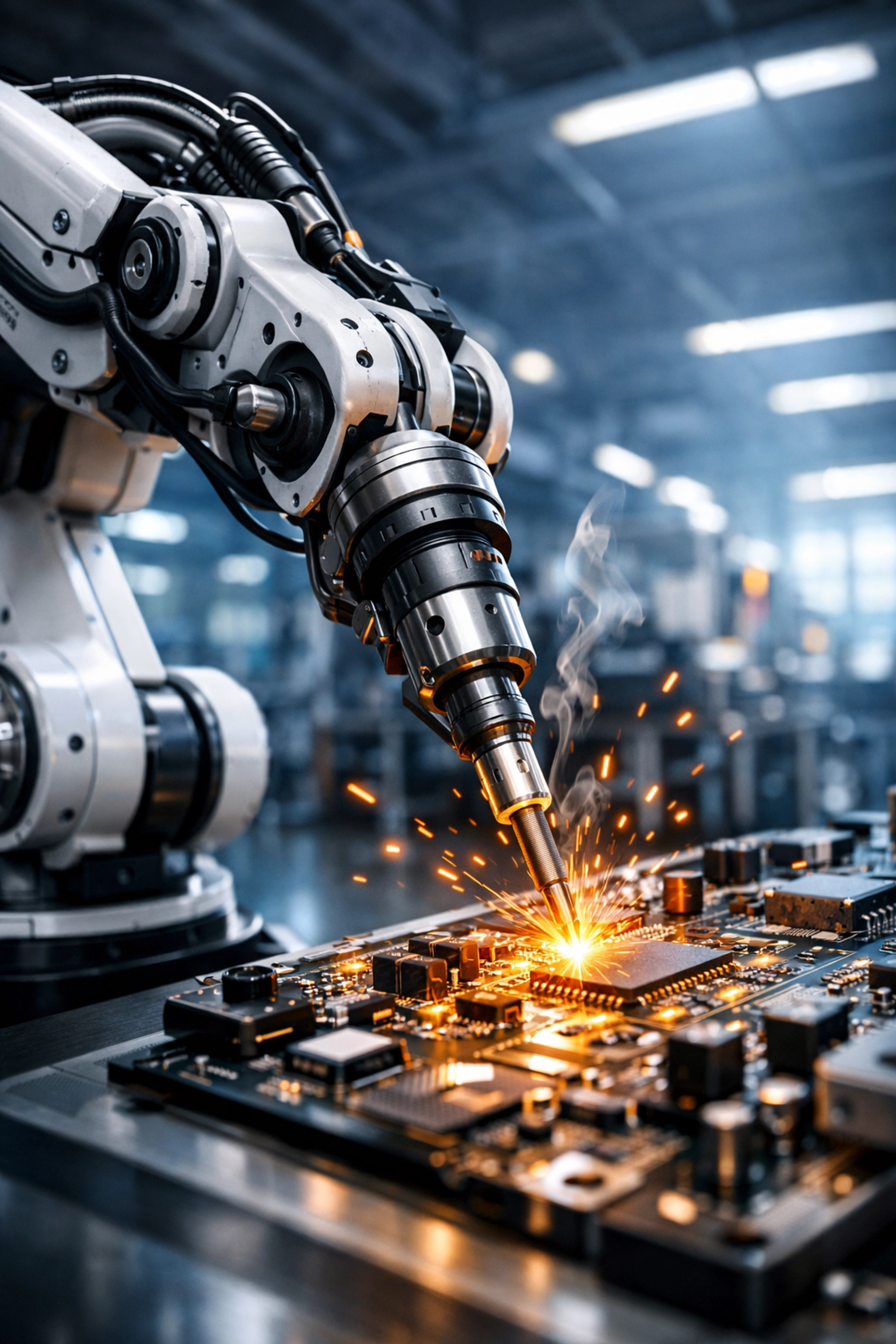 Industrial robot arm in a smart factory using edge computing for reliable automated assembly and processing.