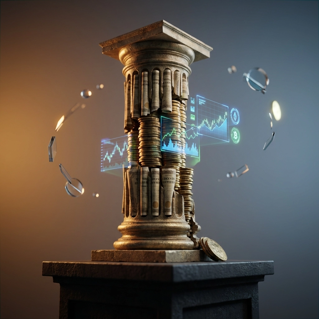 A crumbling gold column surrounded by digital charts, symbolizing the decline of traditional 60/40 portfolios for accredited investors.