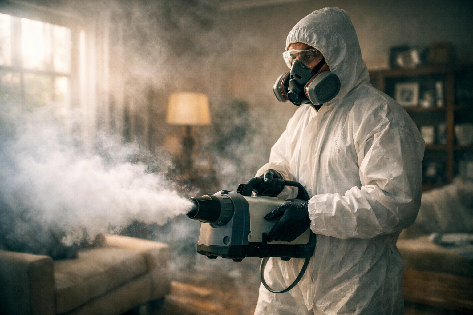 Technician disinfecting a room with a fogger for mold remediation and water damage restoration.