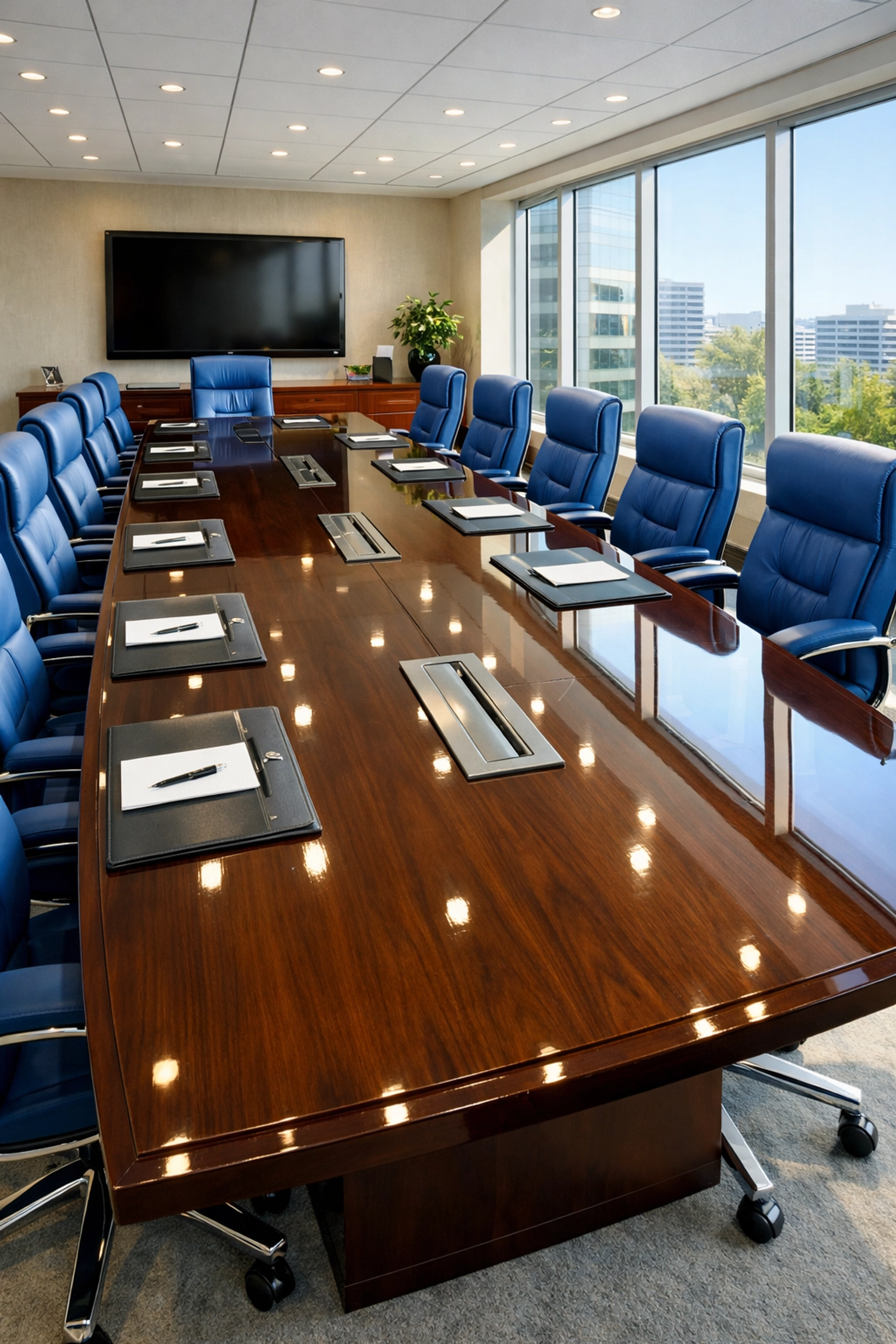 Sun-lit executive conference room in Holliston after expert office cleaning services.