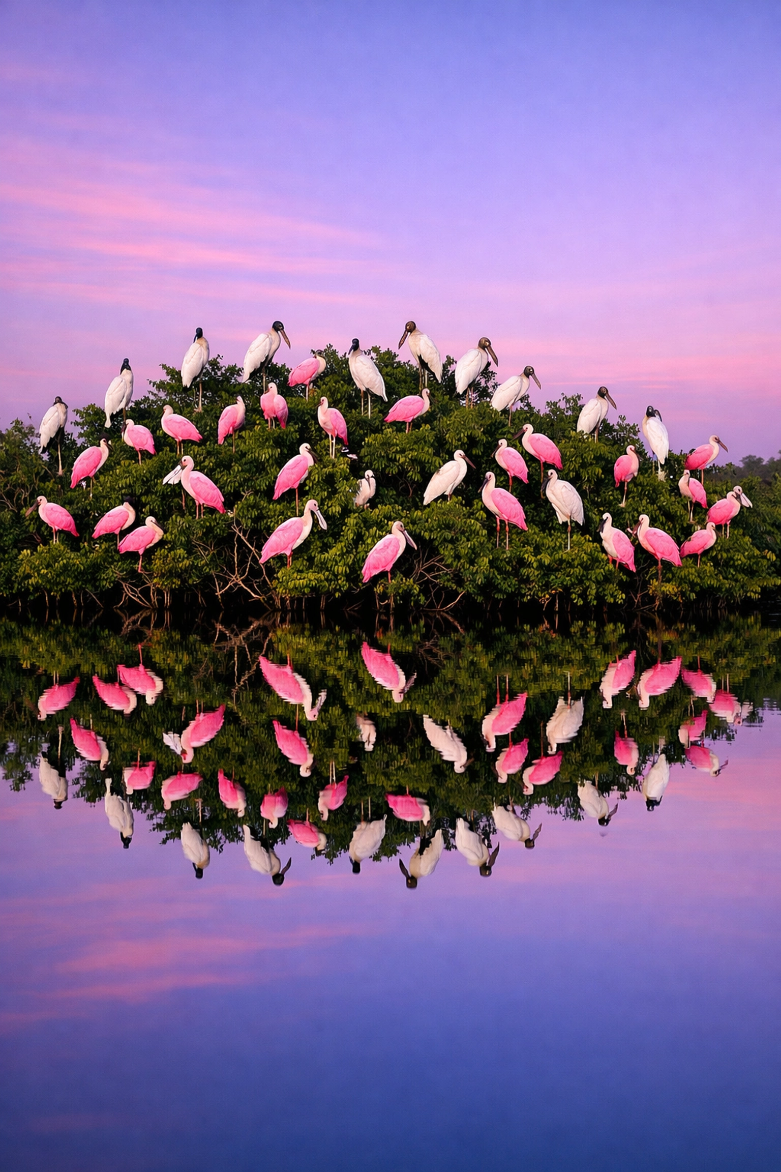 Roseate Spoonbills and Wood Storks at dawn at Paurotis Pond, a top Everglades bird photography location.