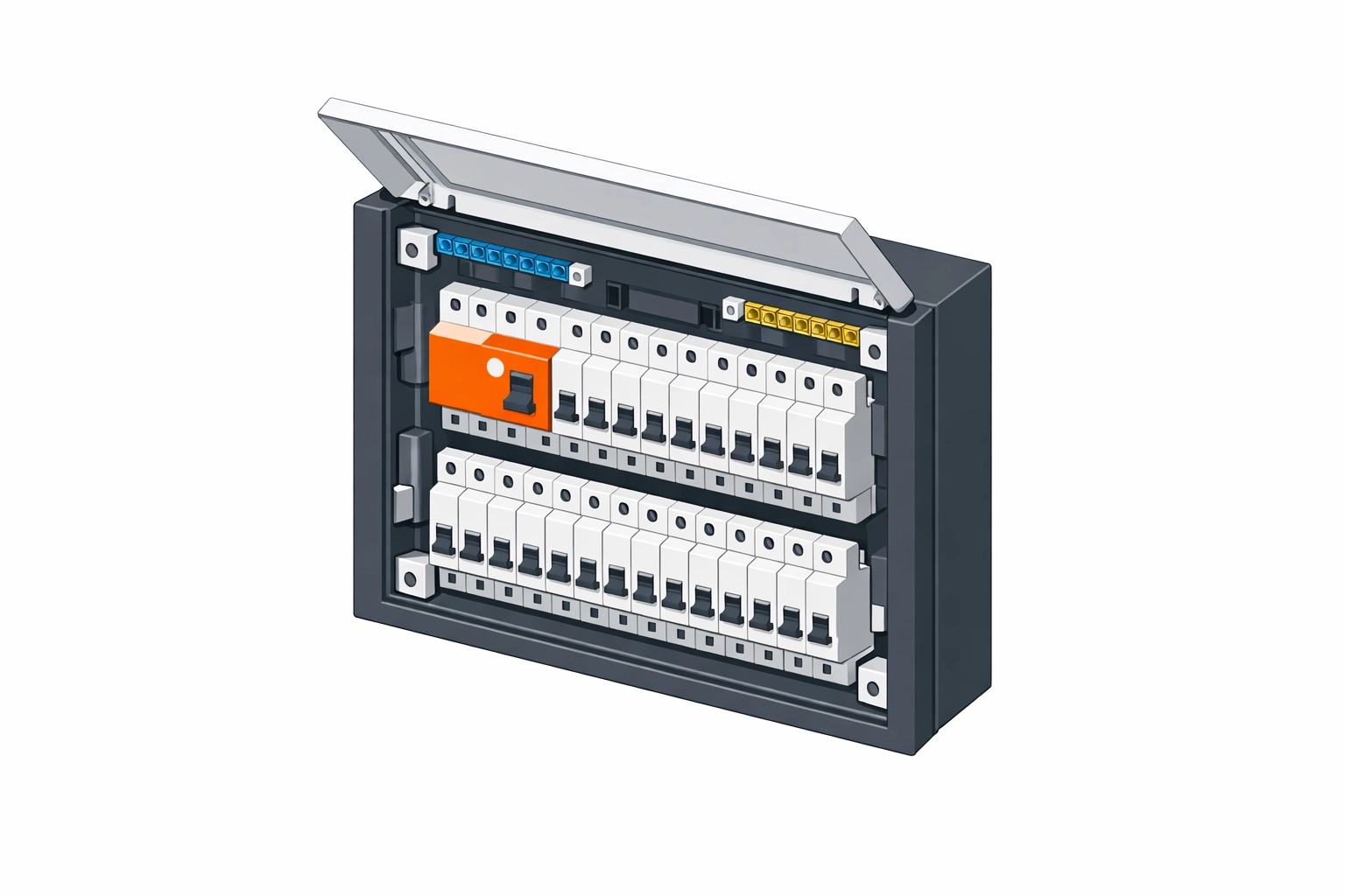Modernes Sicherungskasten-Schema mit FI-Schalter für den gesetzlichen E-Befund in Wien.