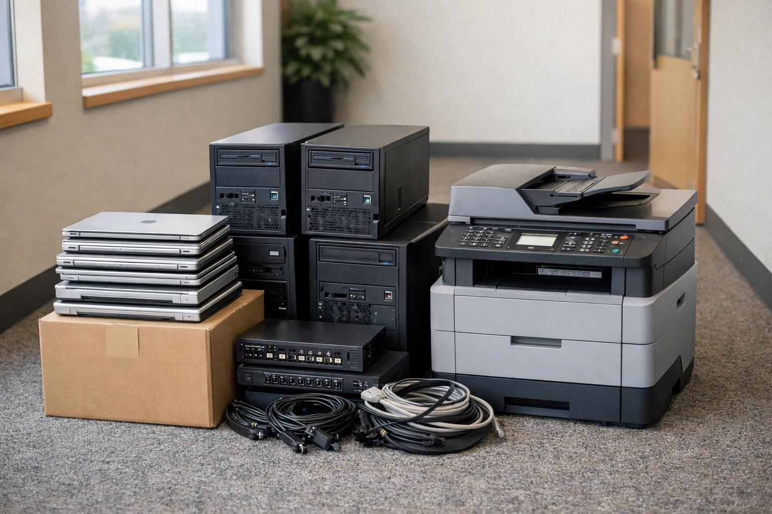 A collection of old laptops and office computers ready for free e-waste collection in Northamptonshire.