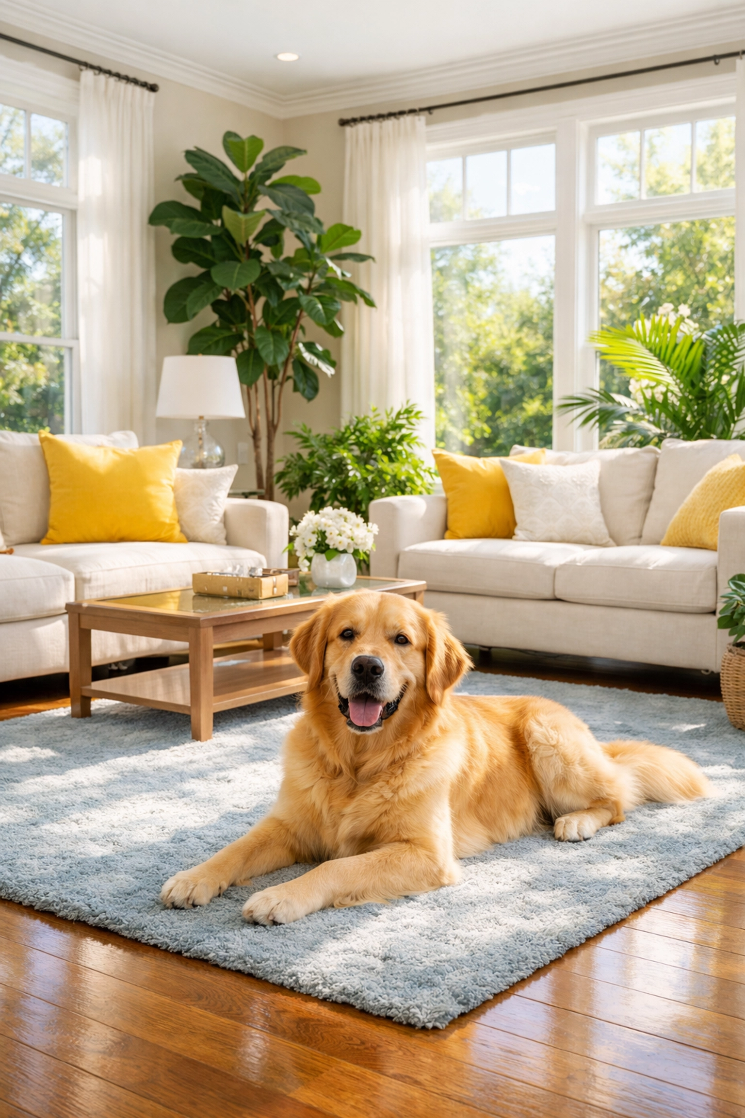 Sunlit living room after deep cleaning in Leominster MA with a happy pet on clean floors.