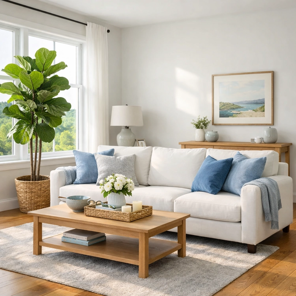 Sun-drenched Berks County living room featuring clean low-VOC wide-plank hardwood flooring for better air quality.