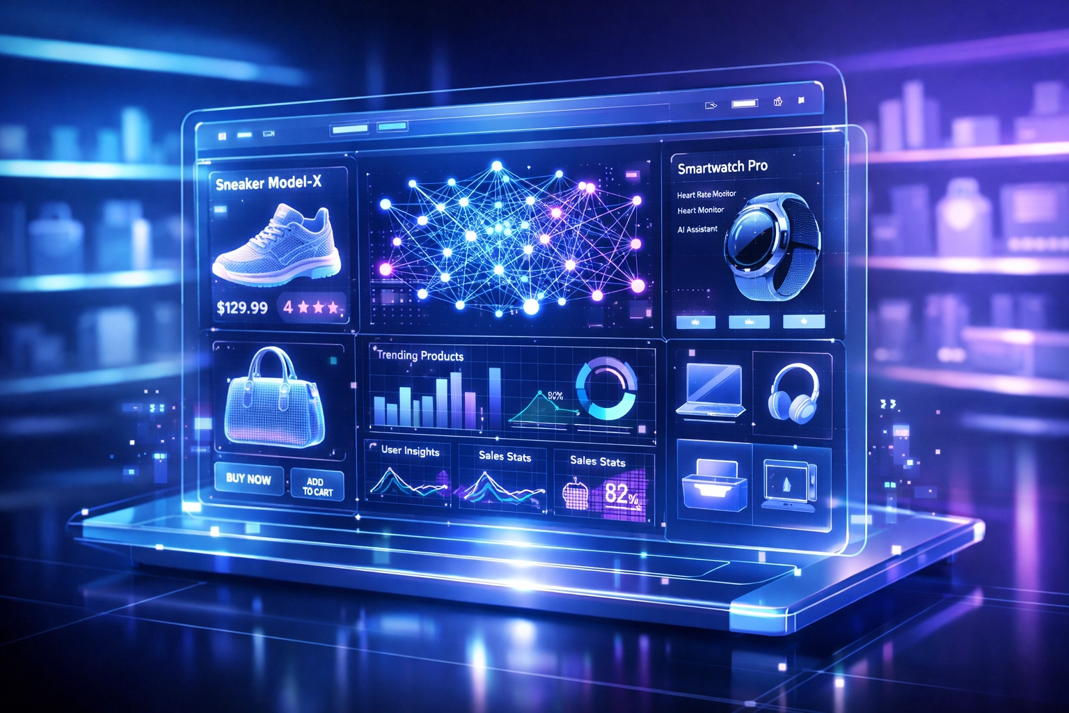 AI-powered shopping dashboard displaying personalized merchant data and crypto analytics in a modern store.