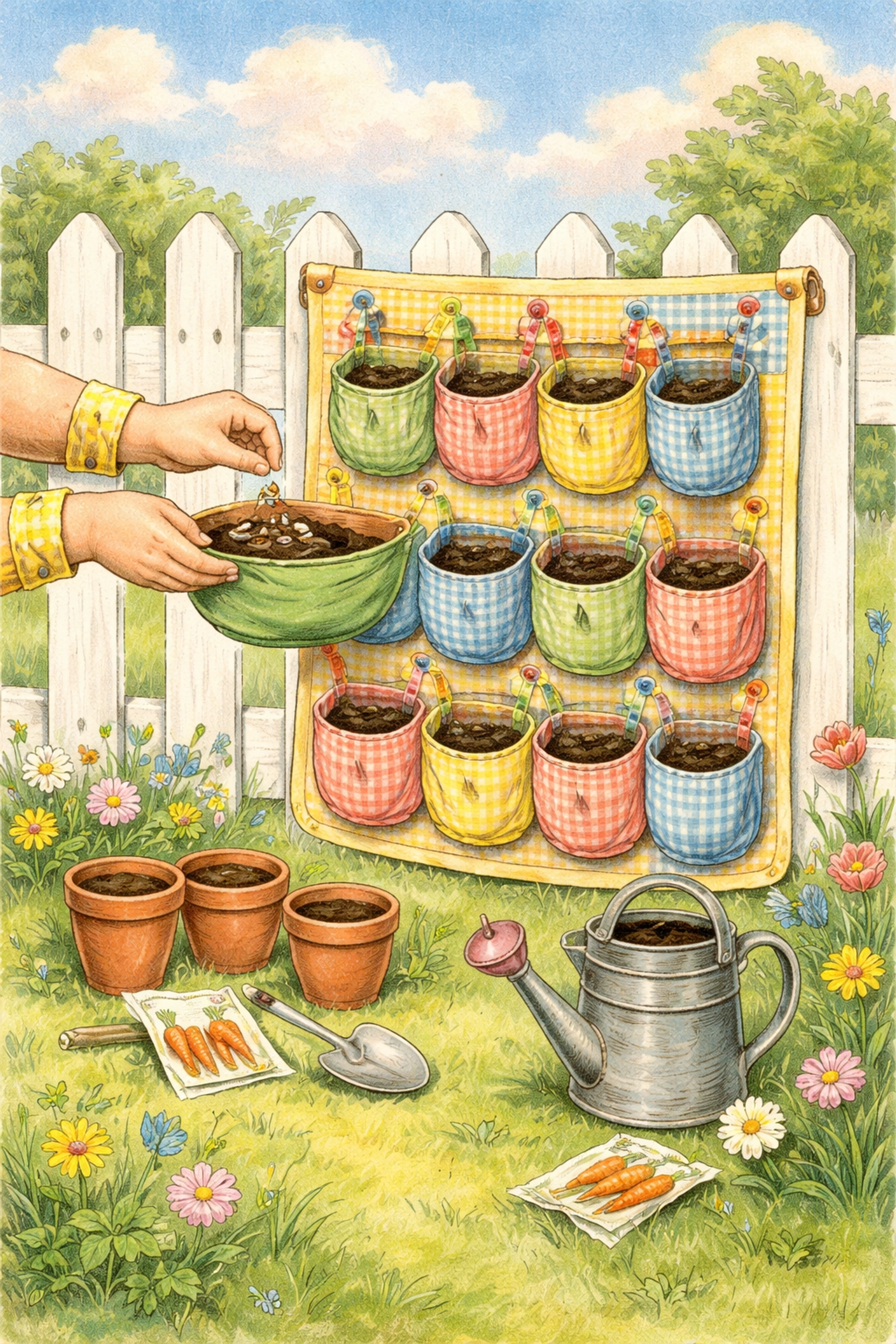 Child planting seeds in a colorful shoe organizer vertical garden, demonstrating a kid-friendly edible flower DIY project.