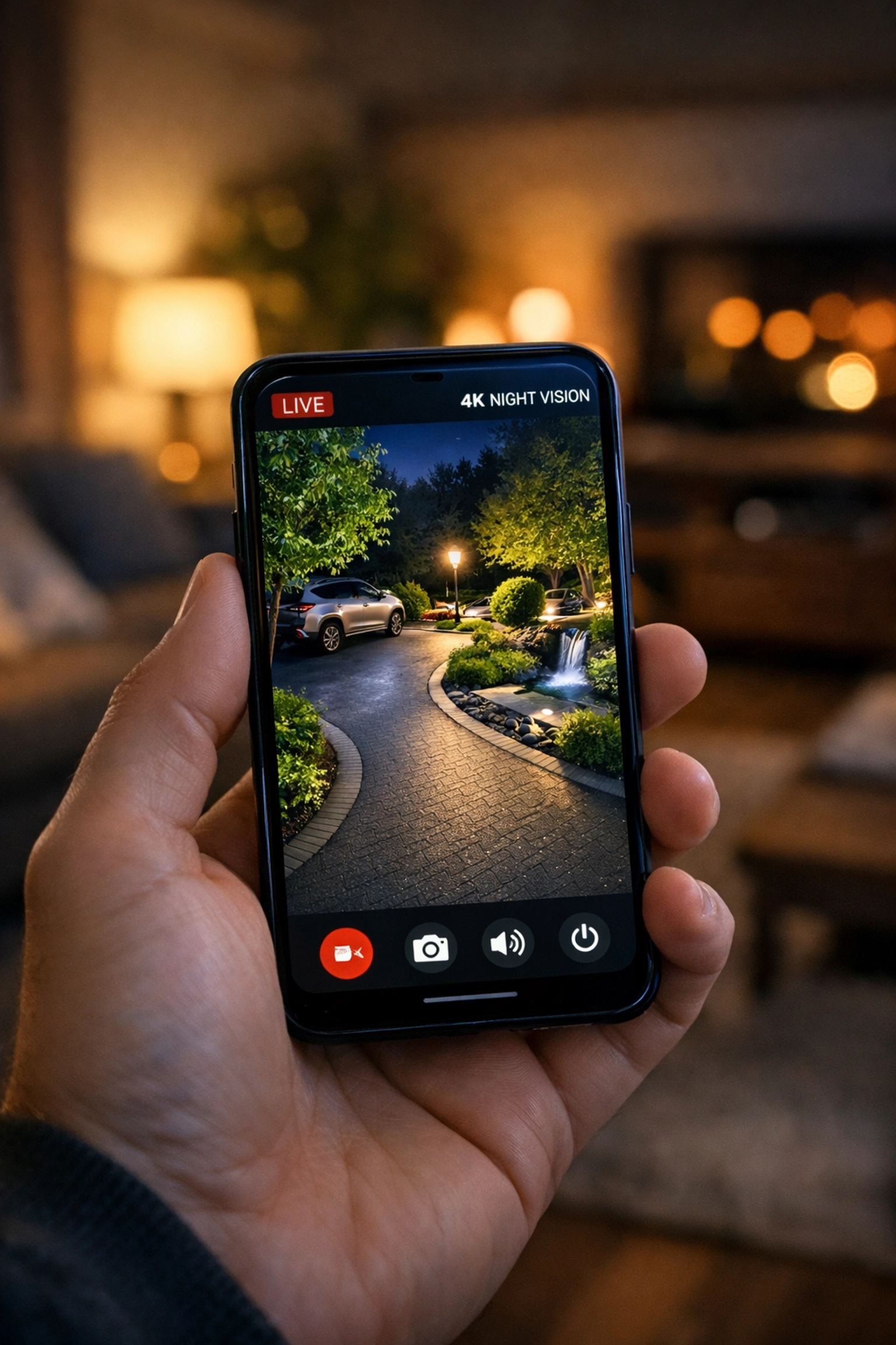 Remote viewing of a 4K CCTV security feed with high-definition night vision on a smartphone.