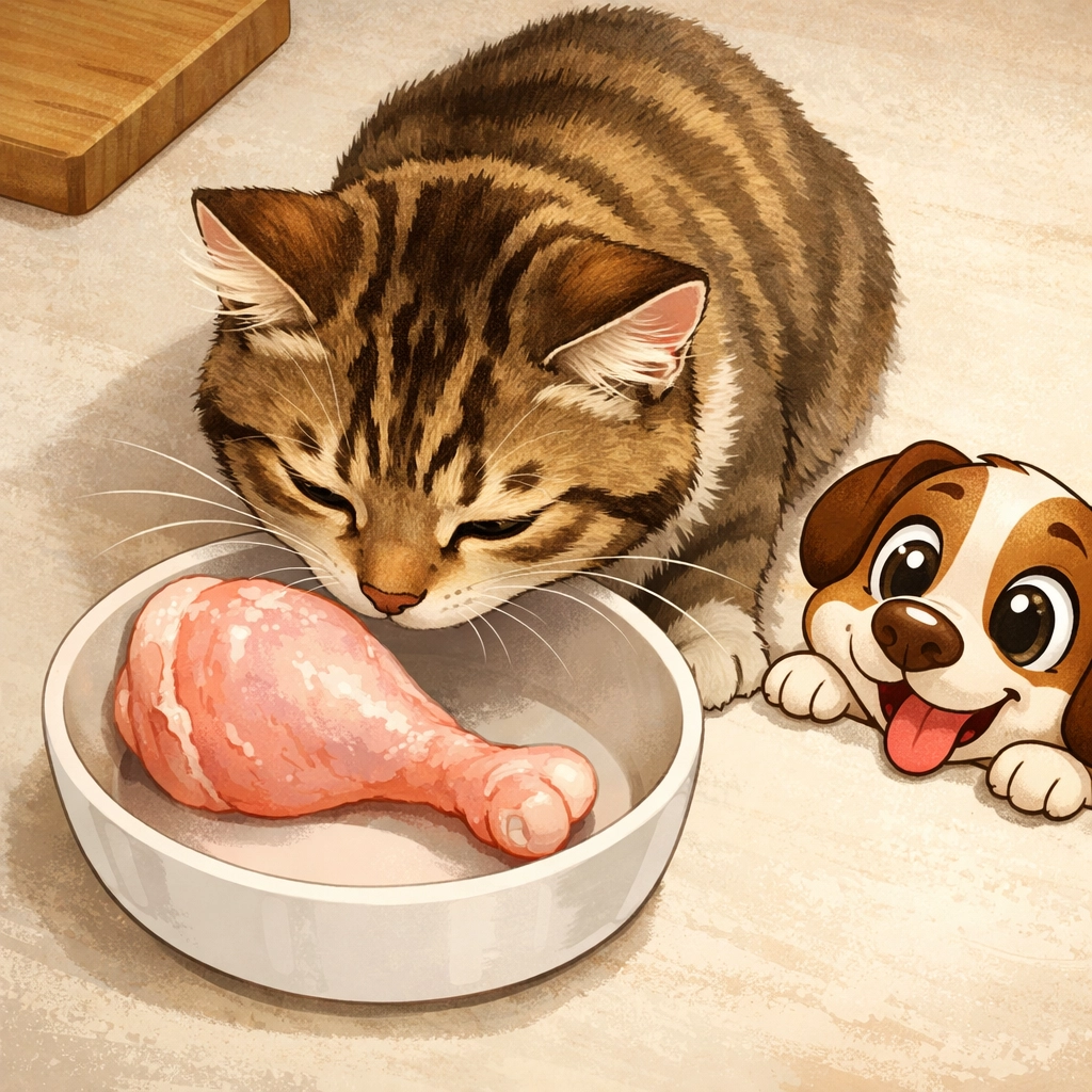 Tabby cat sniffing raw chicken in bowl - beginning raw cat food diet