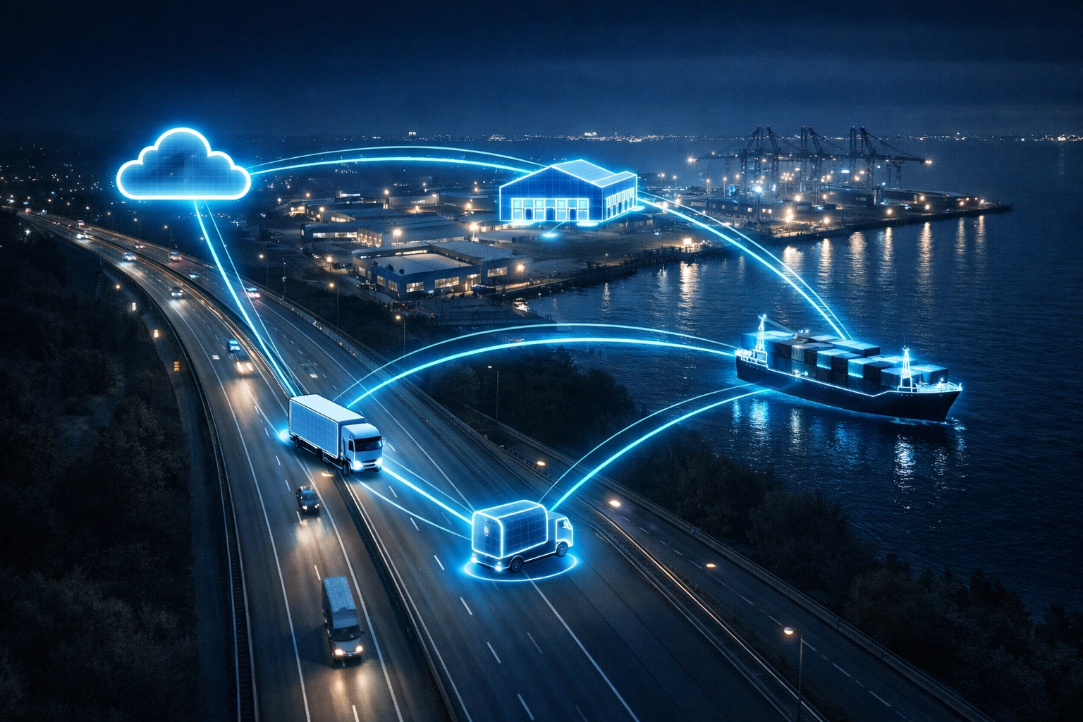 Digital supply chain with real-time data streams flowing between logistics platforms and systems