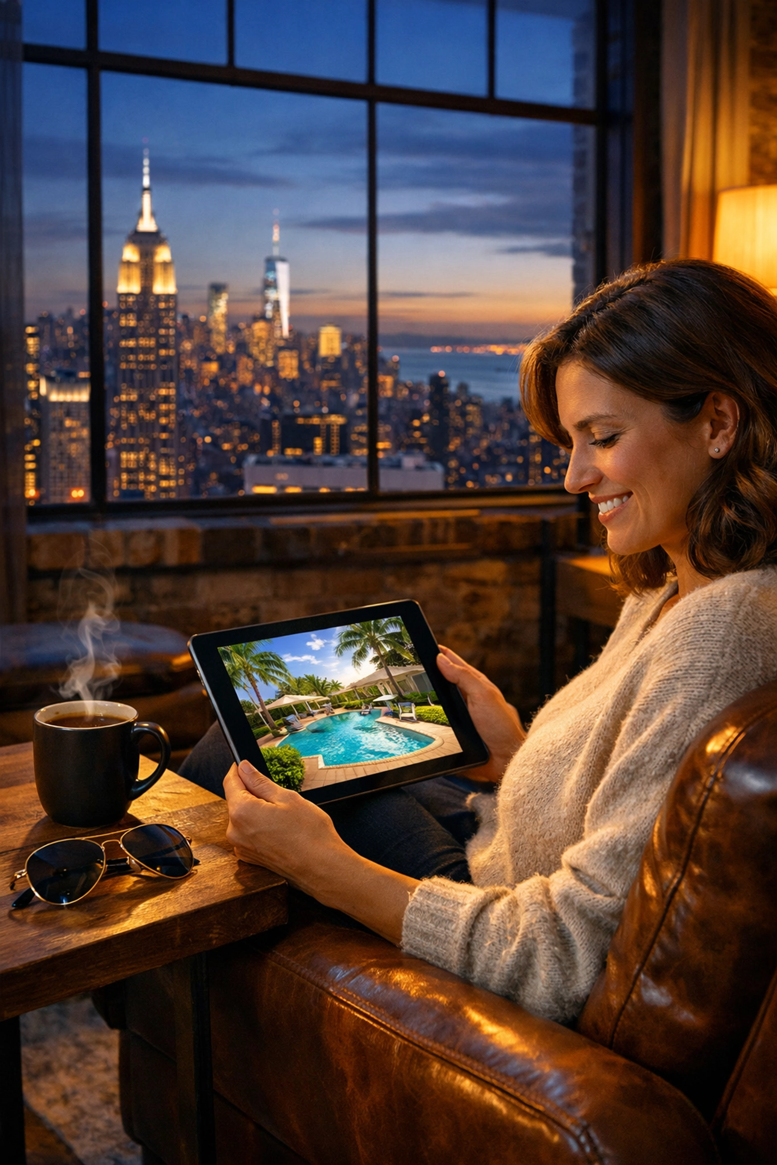 New Yorker using a tablet to view a Florida home with a swimming pool during an out-of-state search.