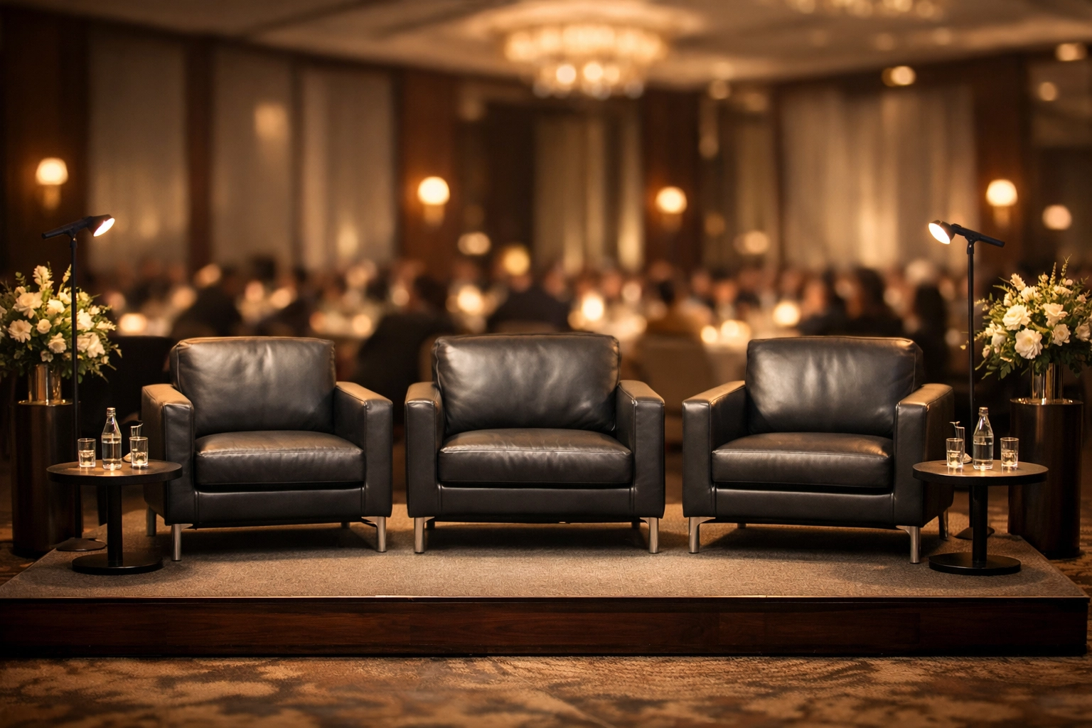 Luxury stage setup for a Super Bowl corporate panel discussion featuring athlete guest speakers.
