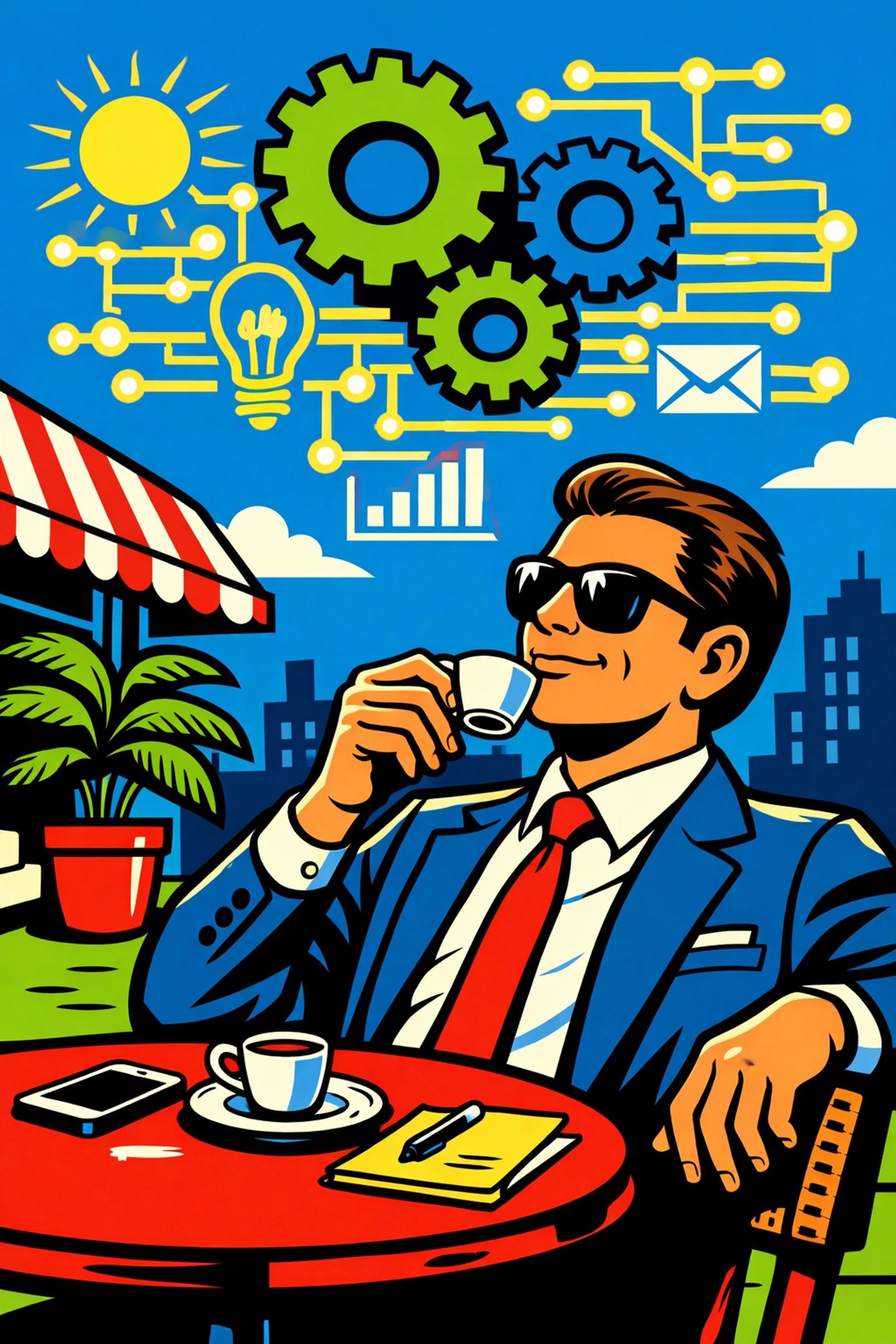 A relaxed business owner at a cafe while automated business systems run in the background.