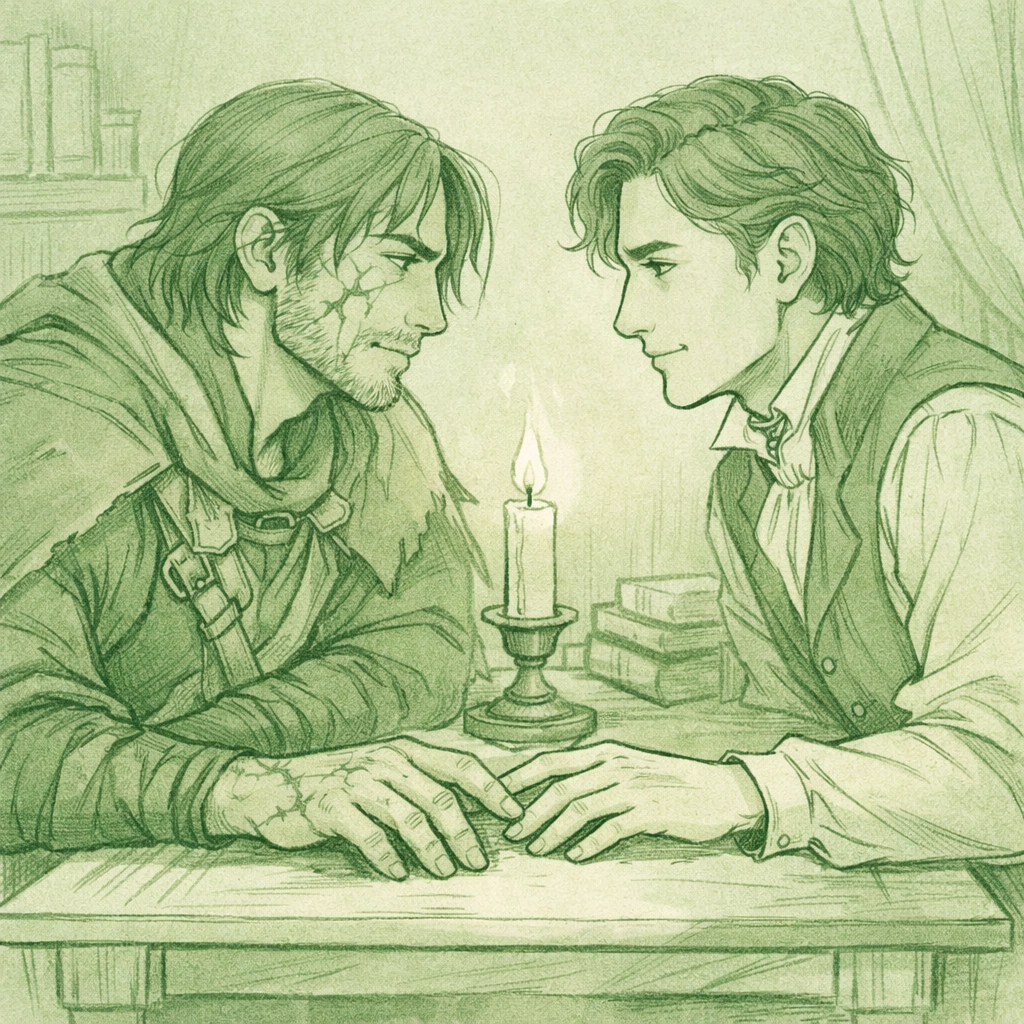 MM romance intimacy: scarred warrior and aristocrat connect by candlelight in gay fantasy fiction
