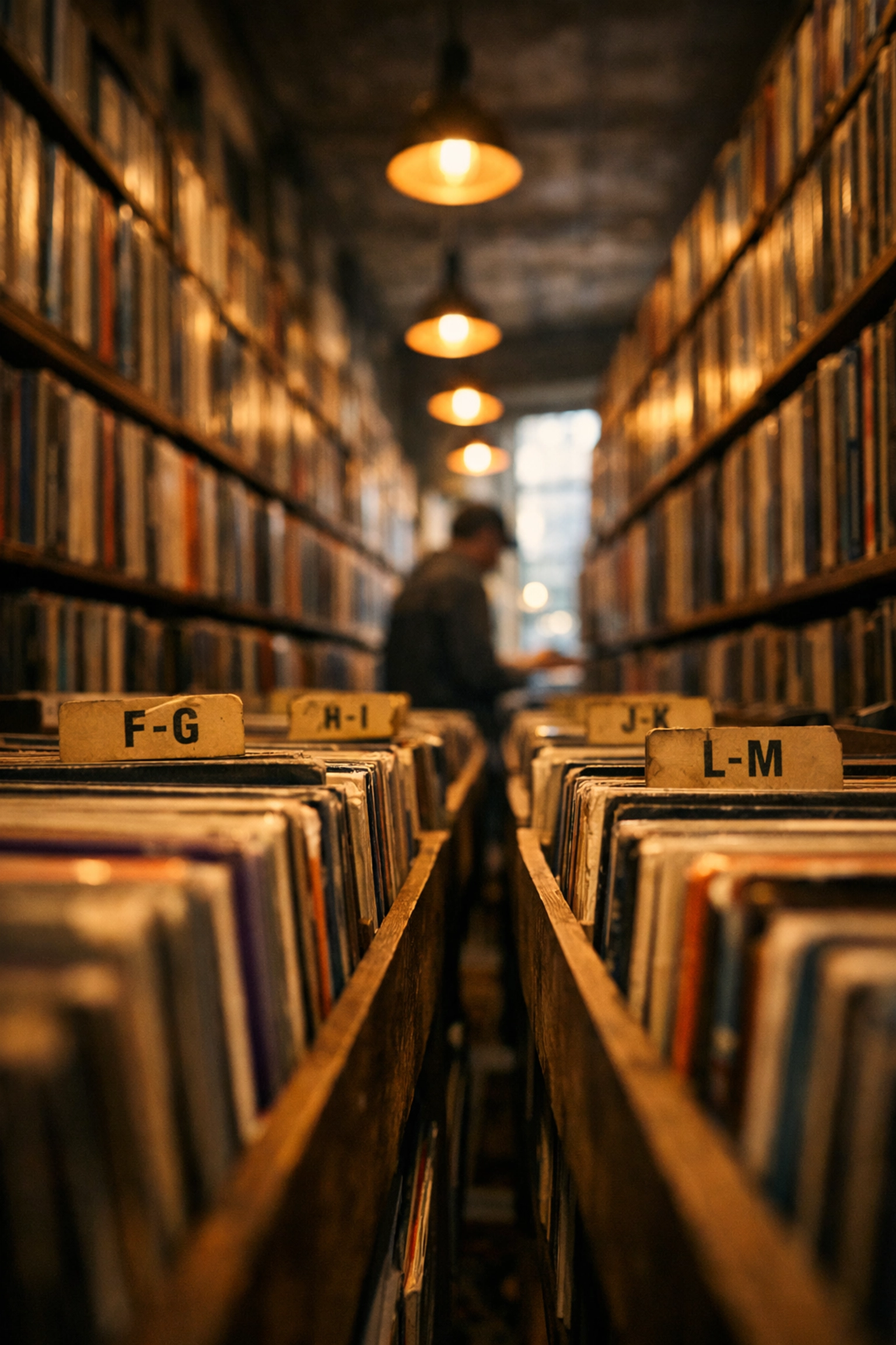 Towering vinyl record bins filled with indie and underground albums at Pico location