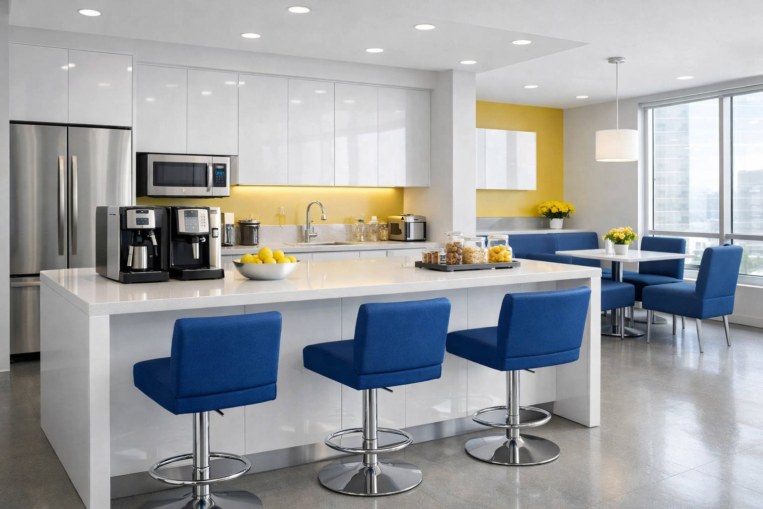 Sanitized and modern commercial breakroom in Stoughton featuring clean countertops and seating.