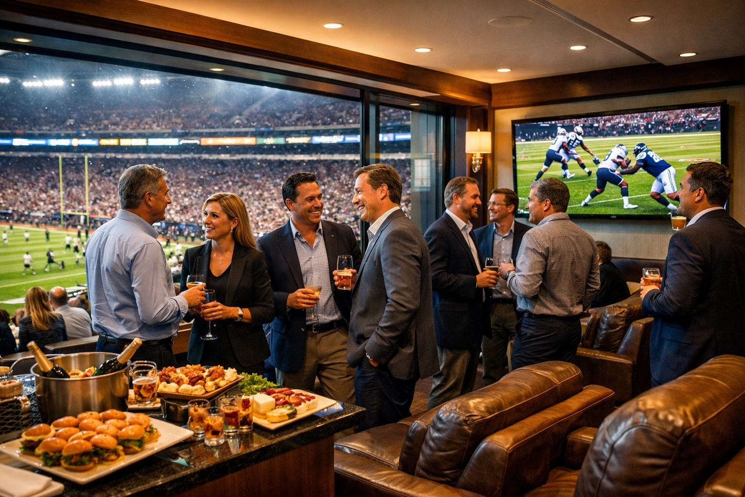 From Touchdown to Deal Closed: The Proven 7-Step Framework for Super Bowl Sports Marketing Success Corporate executives networking in VIP luxury suite during Super Bowl game day hospitality event