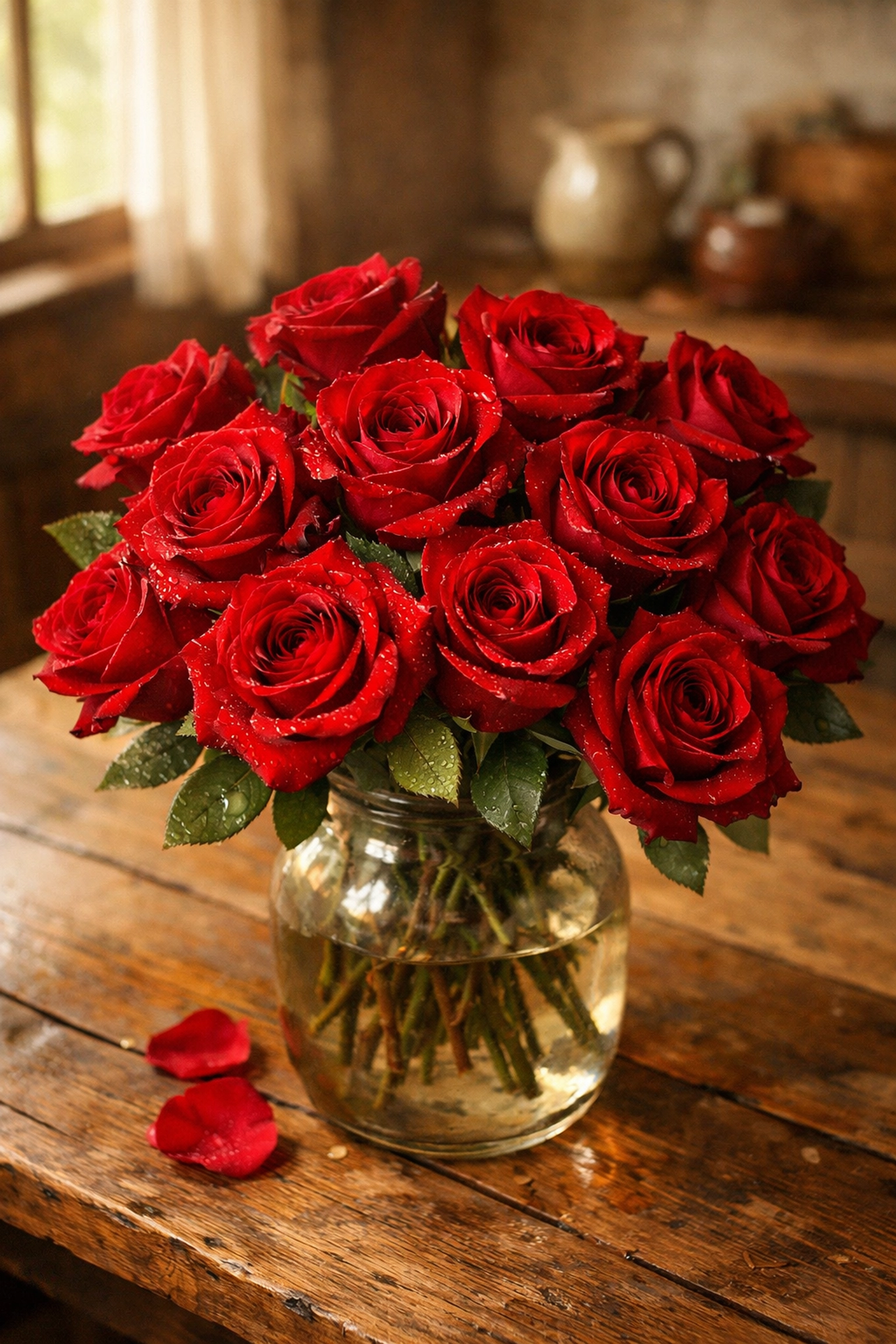 Fresh red roses bouquet in rustic vase on farmhouse table for Valentine's Day