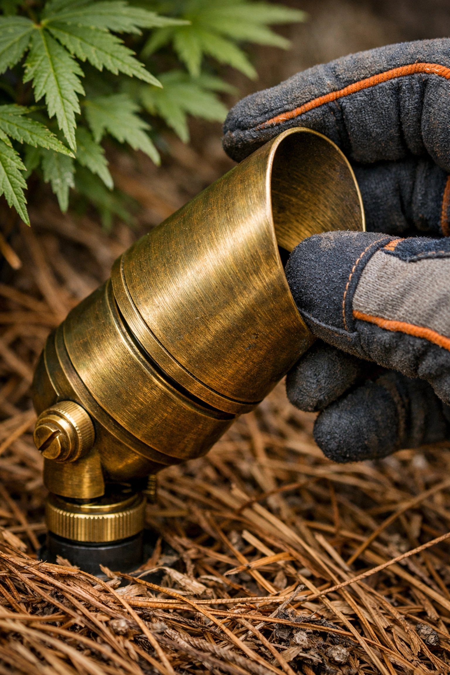 Durable brass landscape lighting fixture being adjusted for optimal outdoor illumination.