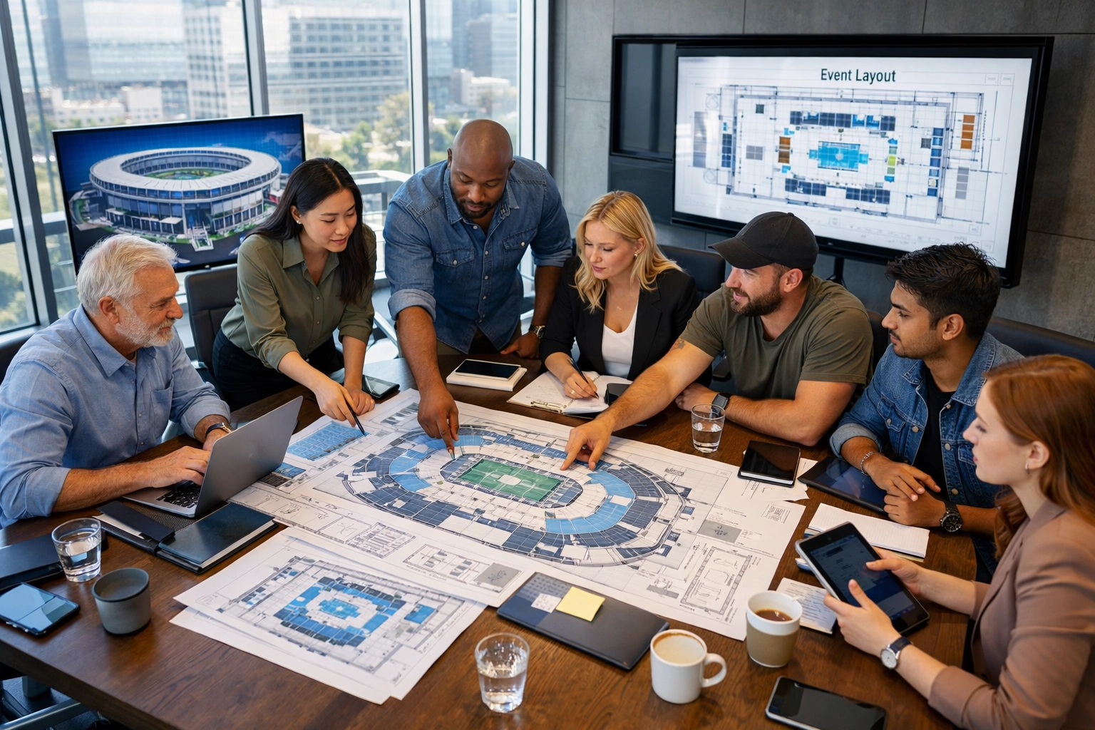 Creative production team reviewing stadium event blueprints and layouts during strategic planning meeting