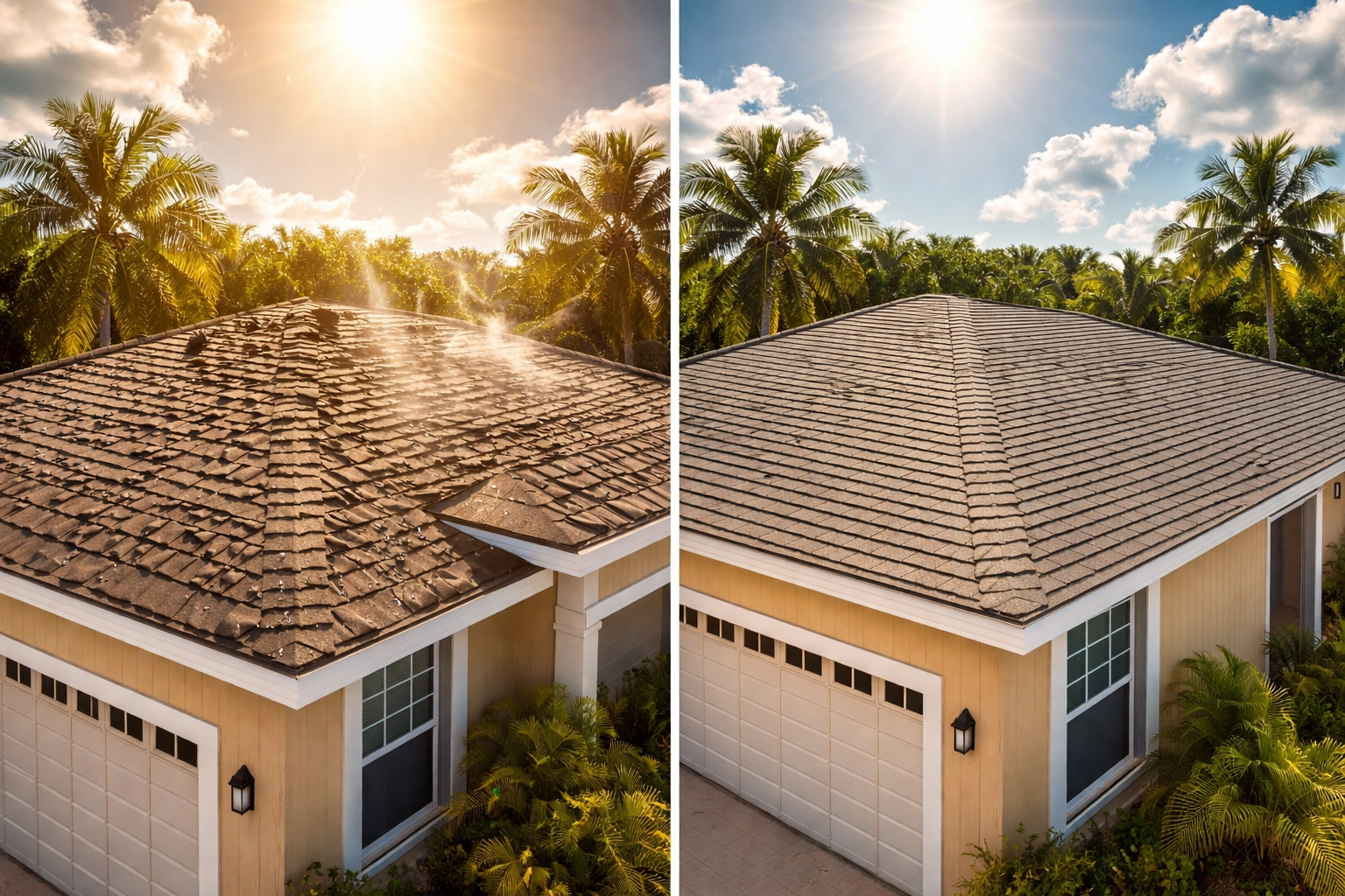 Split-screen of Florida homes showing effects of poor vs proper attic ventilation on shingle roofs