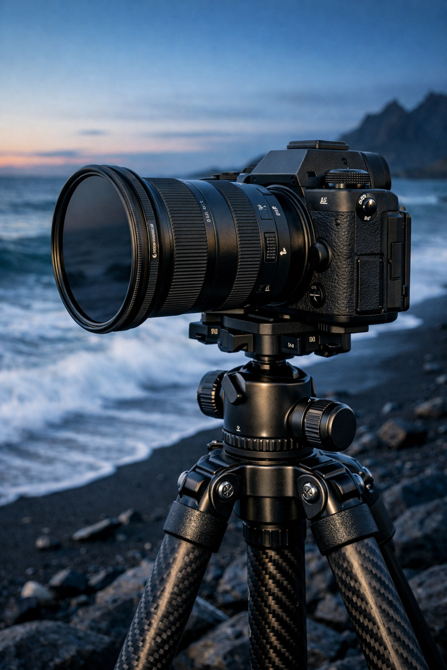 Camera on tripod at a beach, showcasing landscape photography tips for gear and long exposure settings.