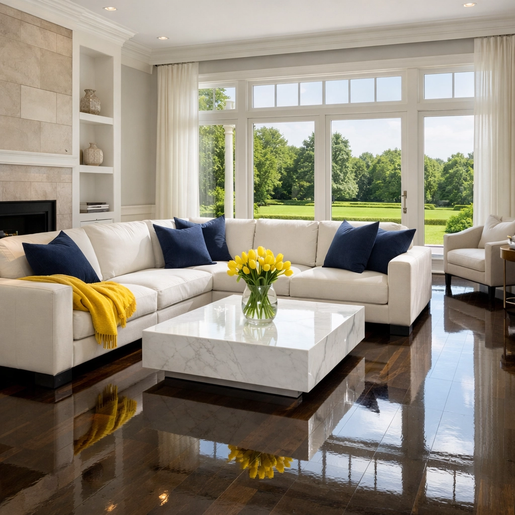 Impeccably tidy Franklin living room with polished floors from best house cleaning services in Franklin Massachusetts.