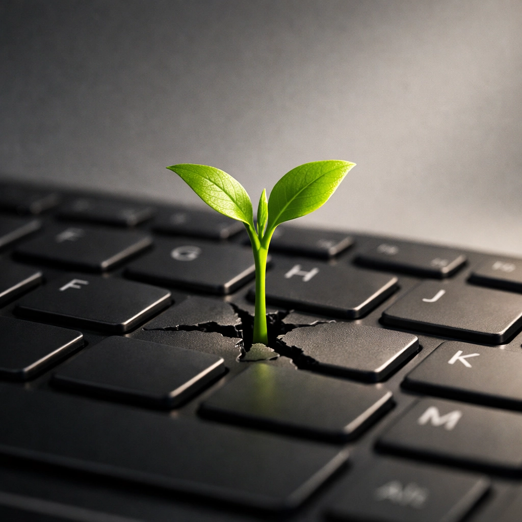 A vibrant green sprout growing from a keyboard symbolising human authenticity and connection in technology.