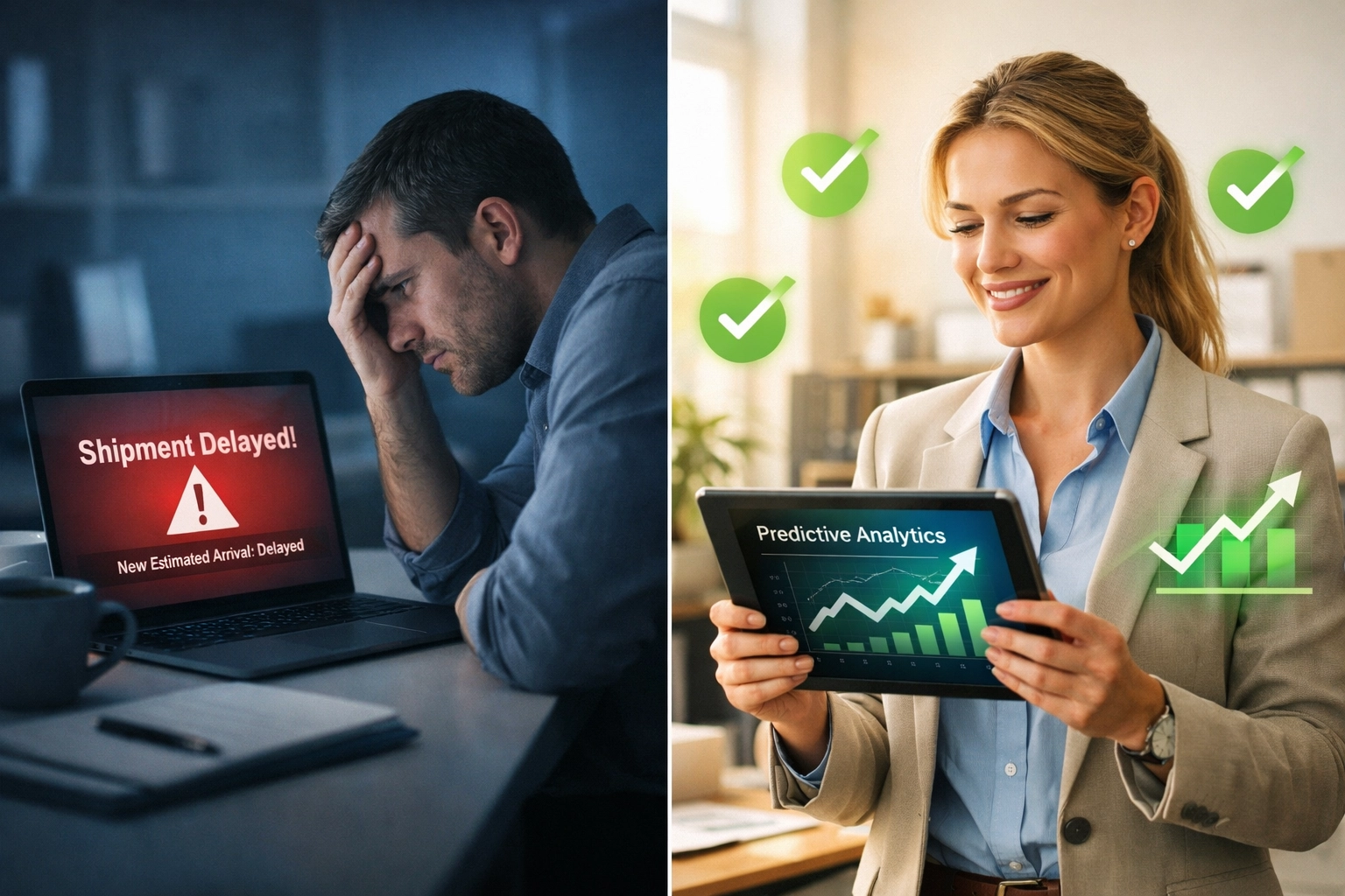 Comparison of reactive shipping delays versus proactive AI analytics for logistics management