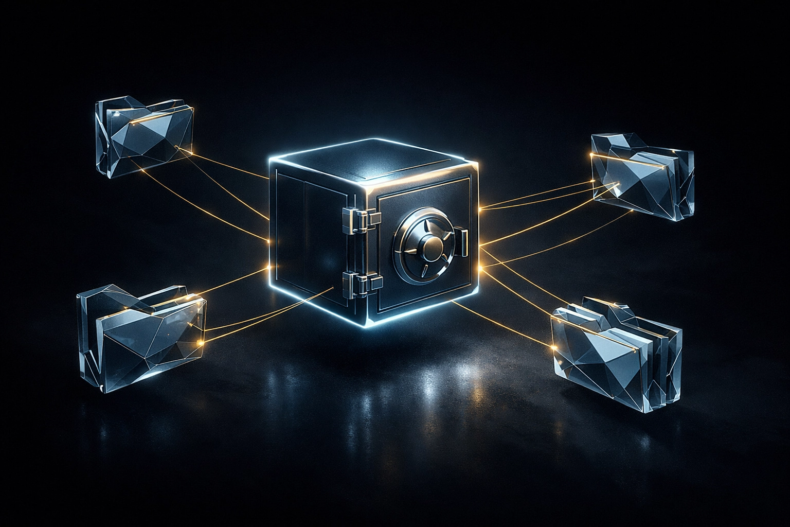 Abstract glowing digital vault connected by floating gold data threads and crystalline folders in a high-contrast dark space.