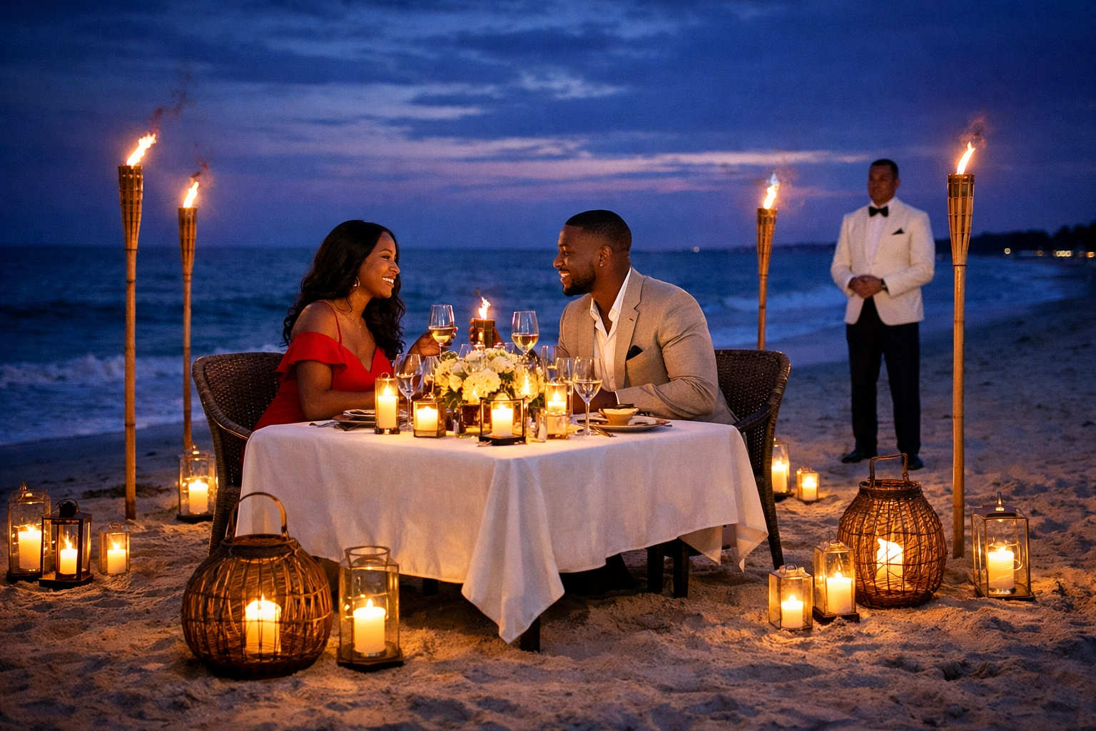 Luxury beach dinner managed by an Omaha travel agent using a professional personal travel planner framework.