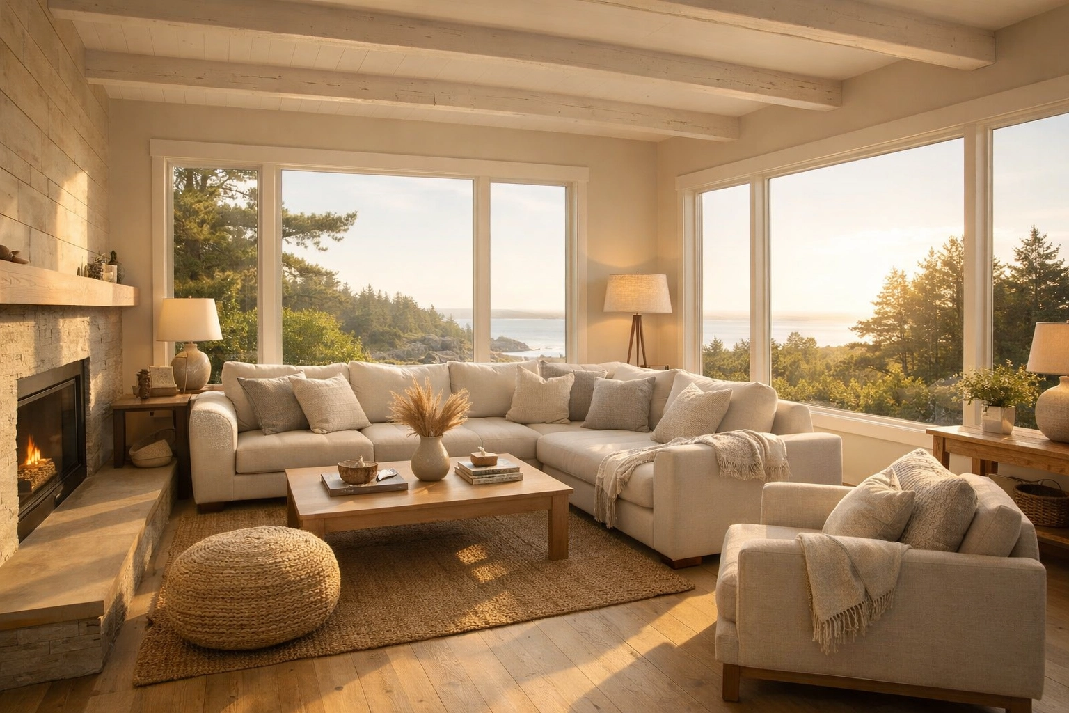 A bright, modern Maine living room representing a safe and properly powered home electrical system.