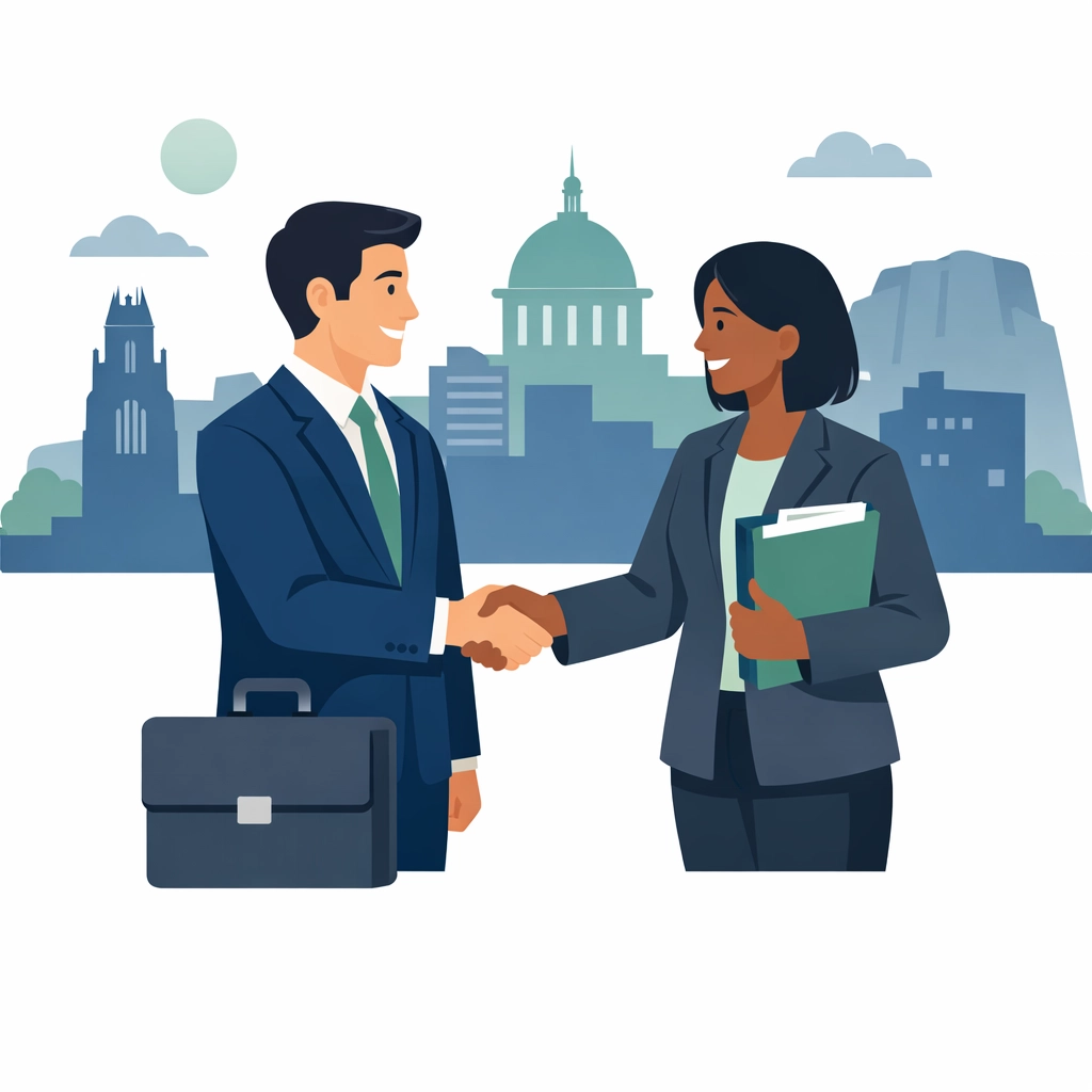 Concierge tax pro shaking hands in New Haven, representing personalized tax preparation services.