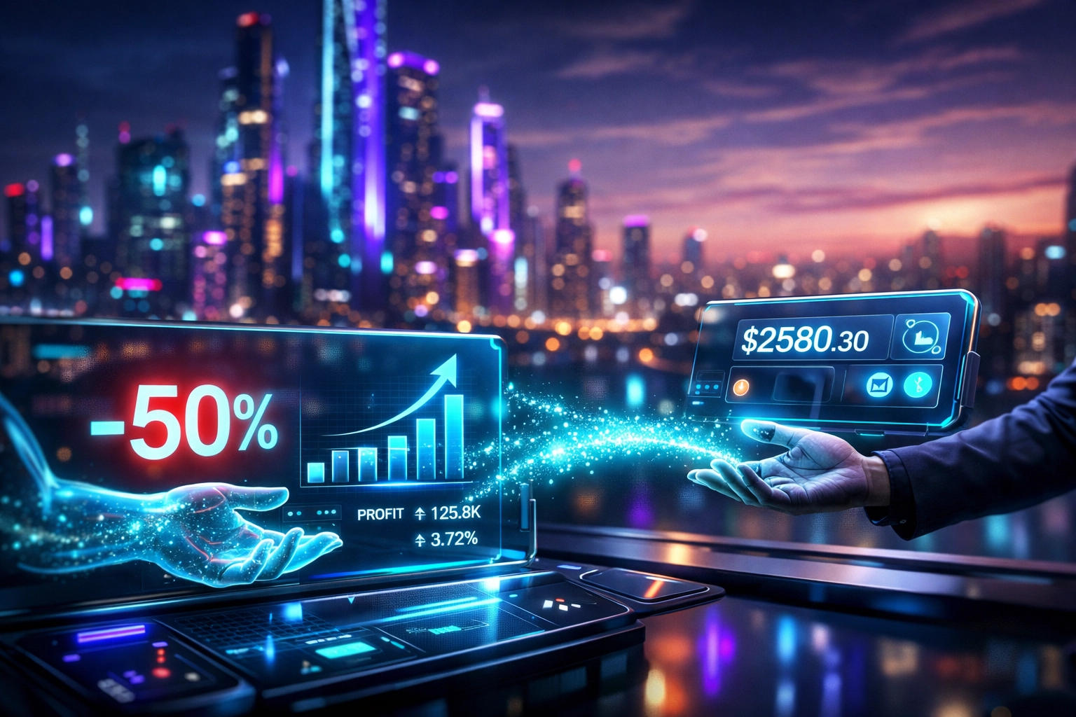 Digital marketplace terminal showing 50% lower merchant fees for metaverse shopping transactions with Larecoin.ai.