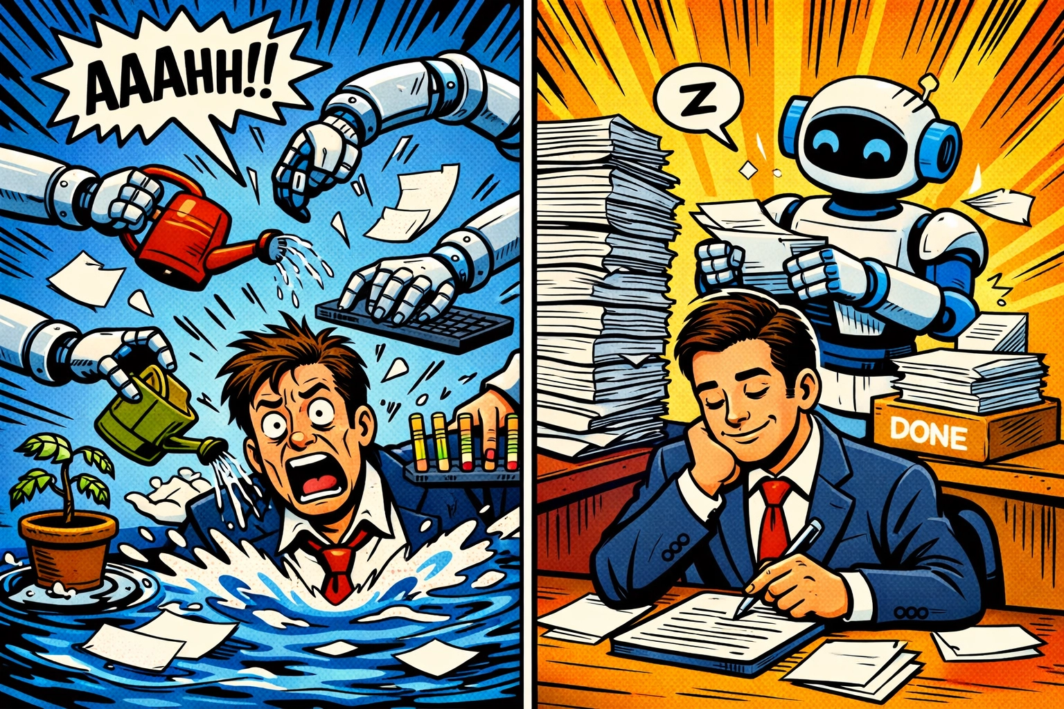 Business owner overwhelmed by unfocused AI automation versus strategic focused automation with oversight