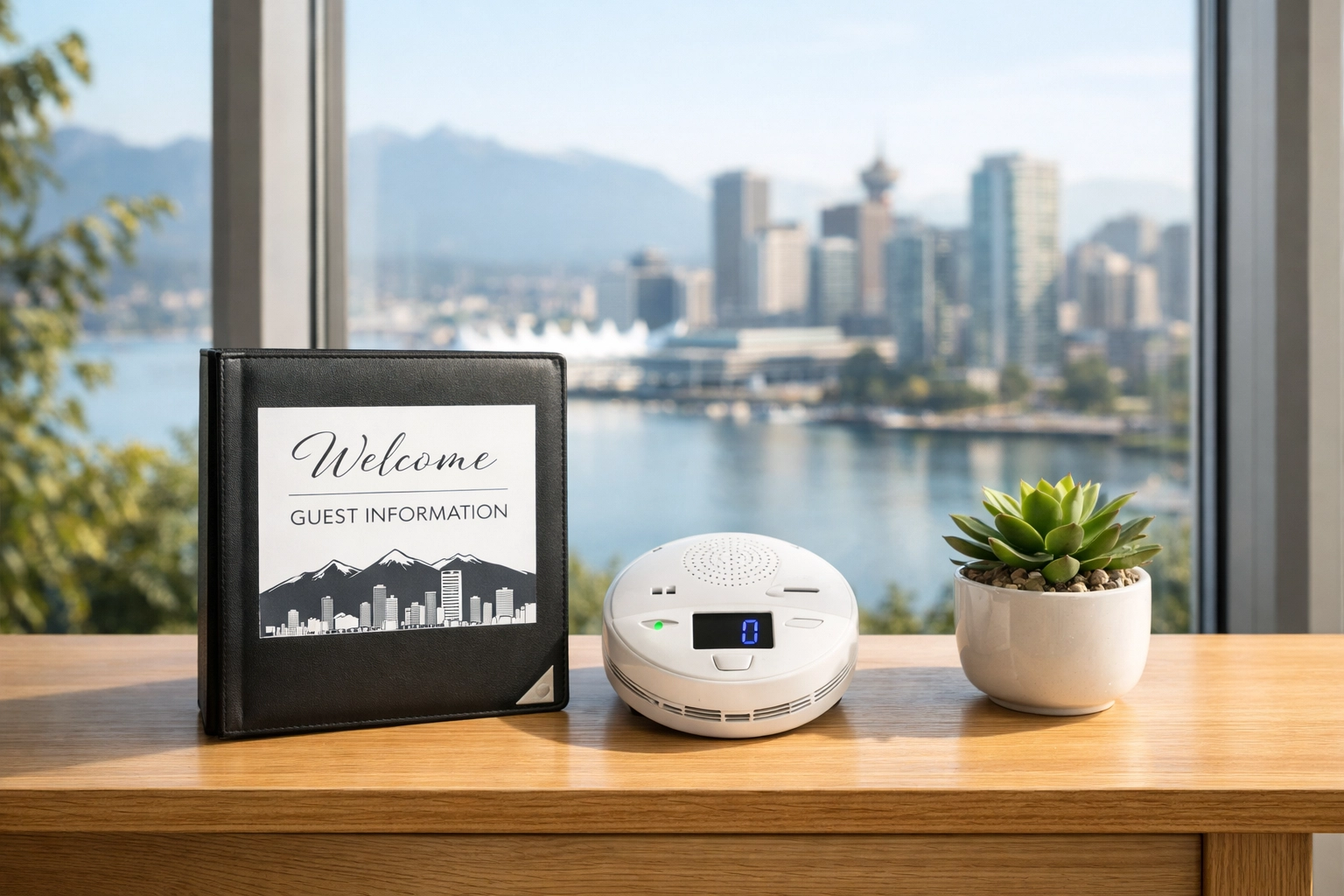 Modern Vancouver Airbnb entryway featuring guest welcome binder and safety smoke detector.