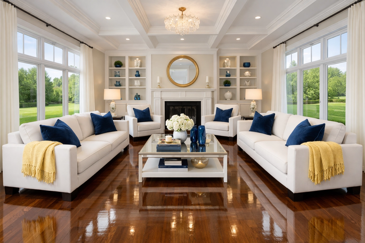 A sparkling clean luxury living room after a weekly house cleaning service in Wellesley MA.