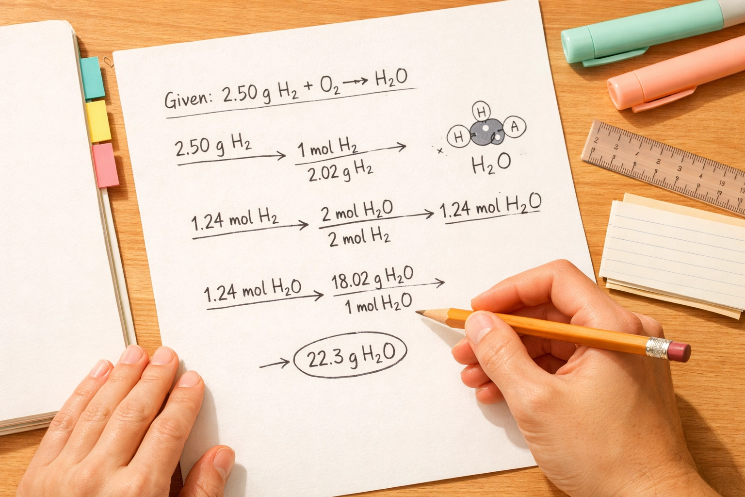 Hands writing chemistry calculations and problem-solving steps on paper with organized notes