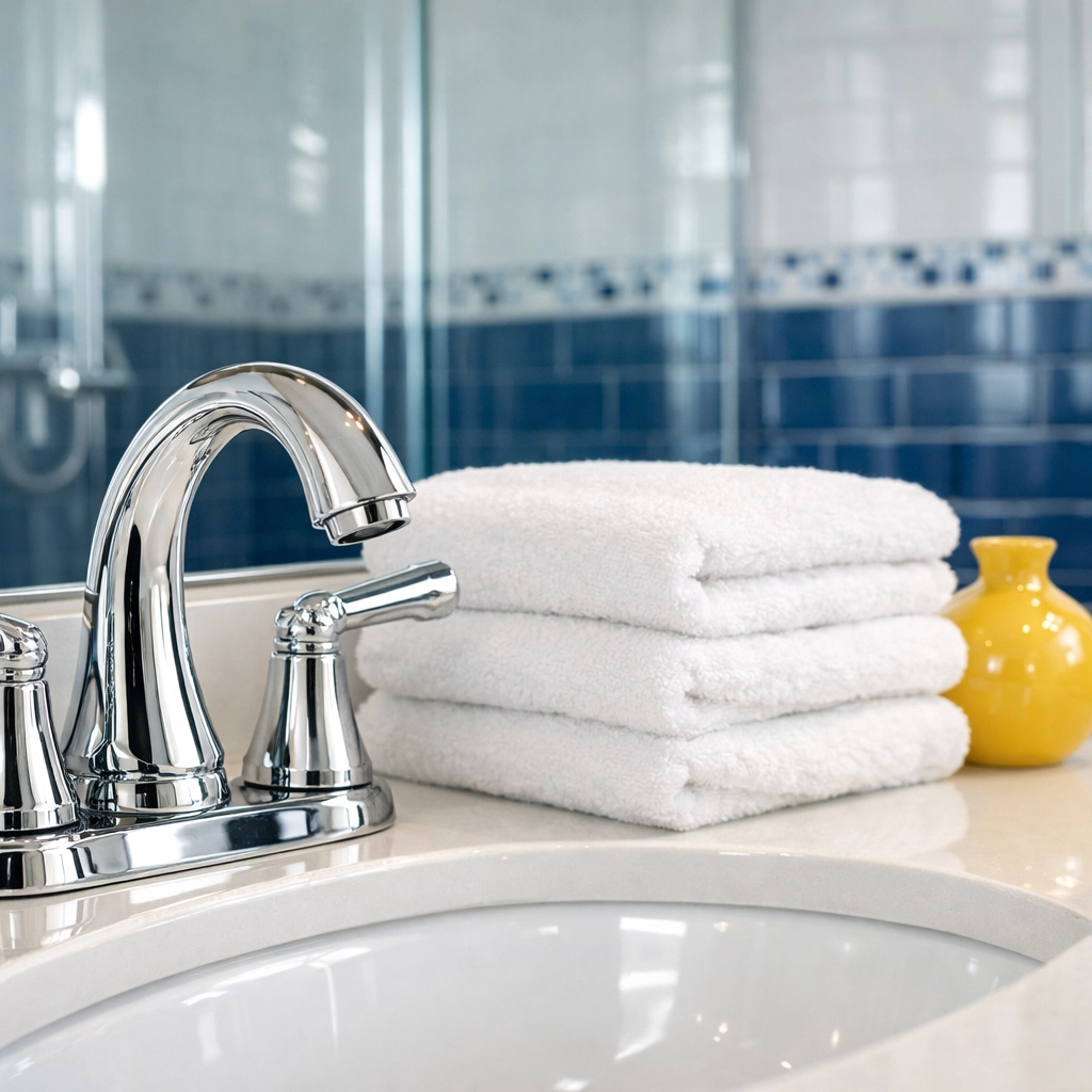 Sparkling clean bathroom vanity and chrome faucet achieved through expert weekly house cleaning in Westborough.