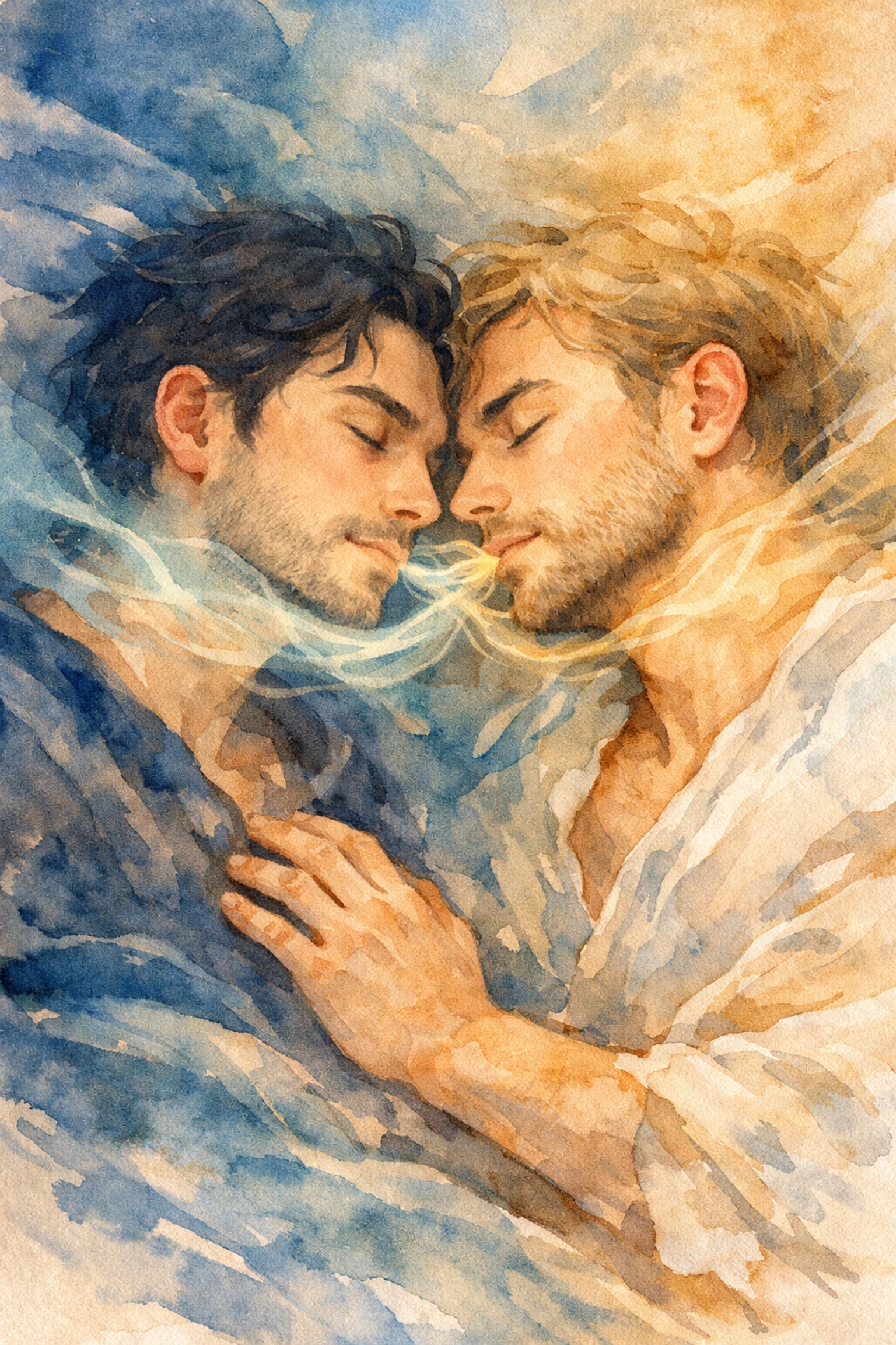 Gay couple lying close together breathing in sync demonstrating intimate connection