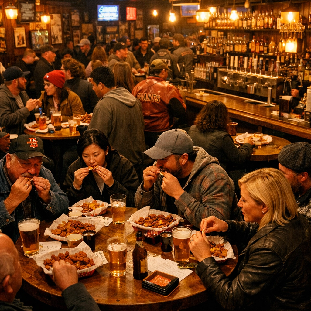 Crowded dive bar interior with patrons enjoying $1 Wing Wednesday at Hotel Utah Saloon in San Francisco