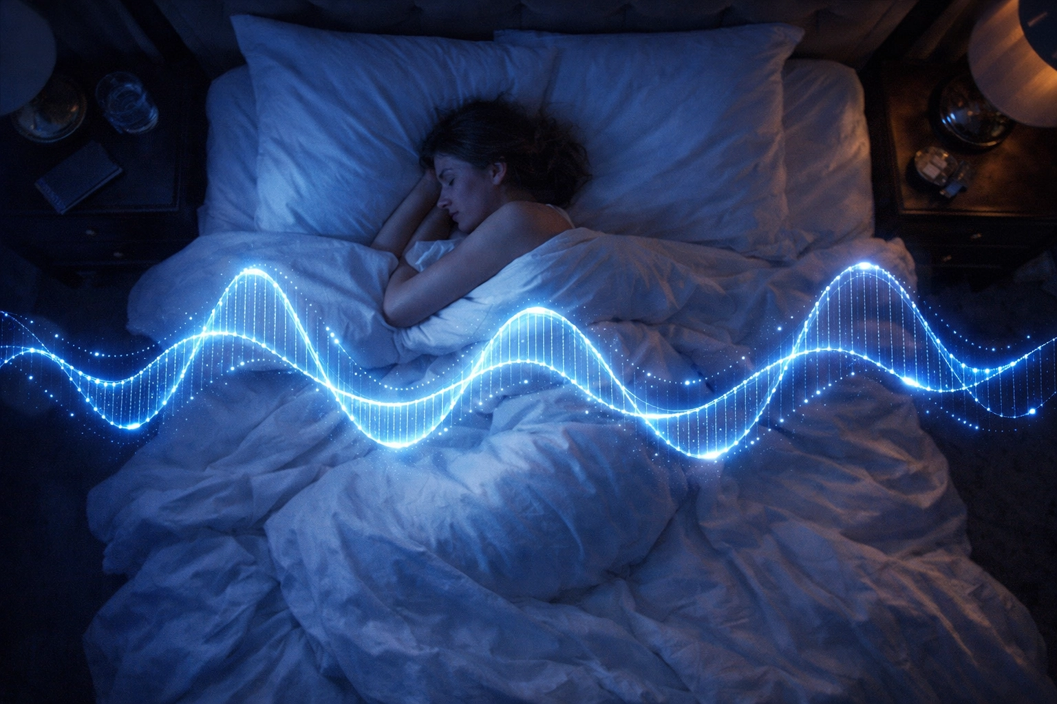 Person sleeping deeply with a visual representation of improved heart rate variability and recovery.