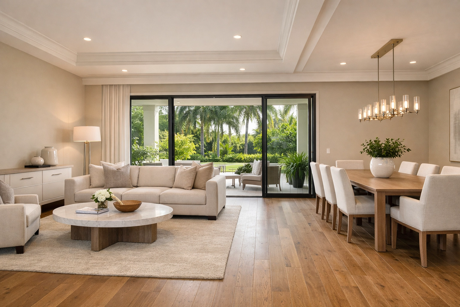 Completed luxury Orlando home renovation showing a modern living area with high-ROI hardwood flooring.