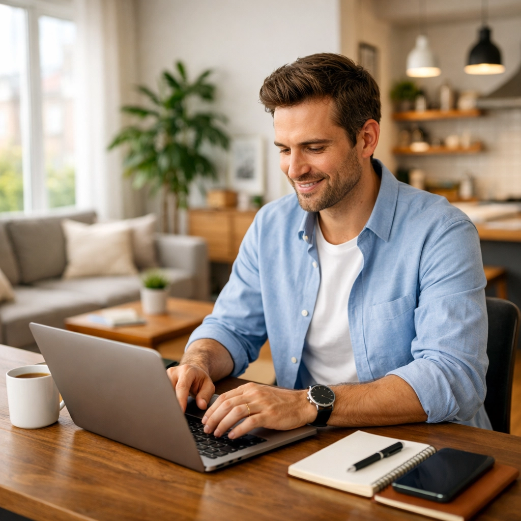 Professional working remotely in furnished Kent corporate rental apartment with dedicated workspace