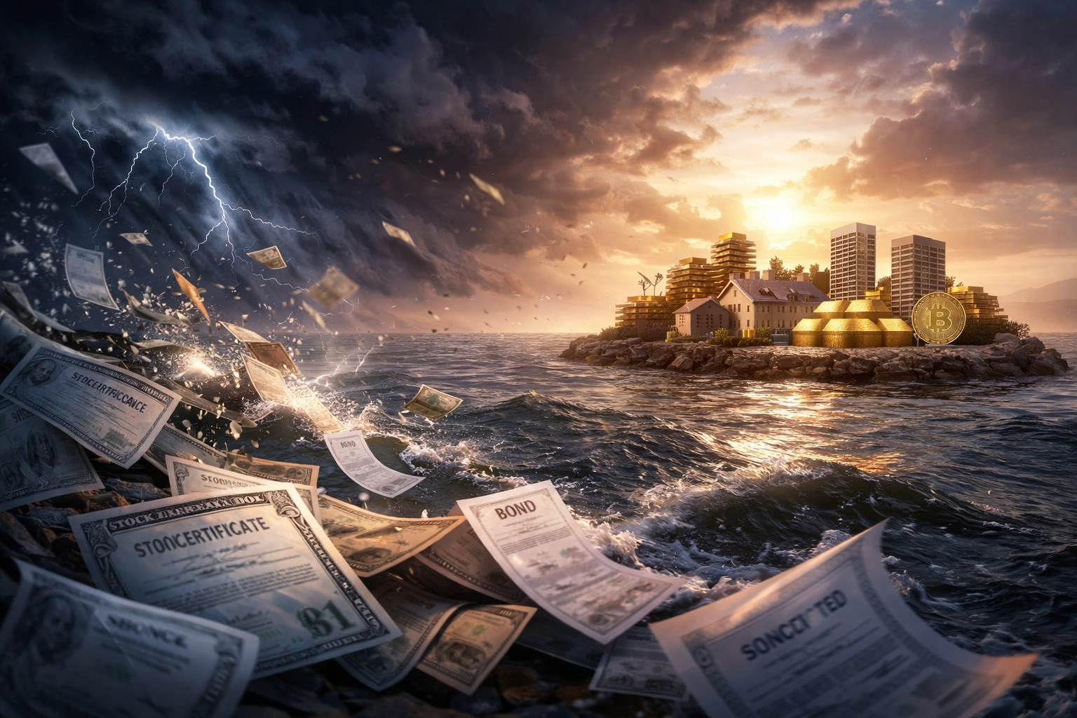 Stormy financial landscape showing traditional assets in turmoil and diverse portfolios anchored safely, highlighting 40/30/30 diversification.