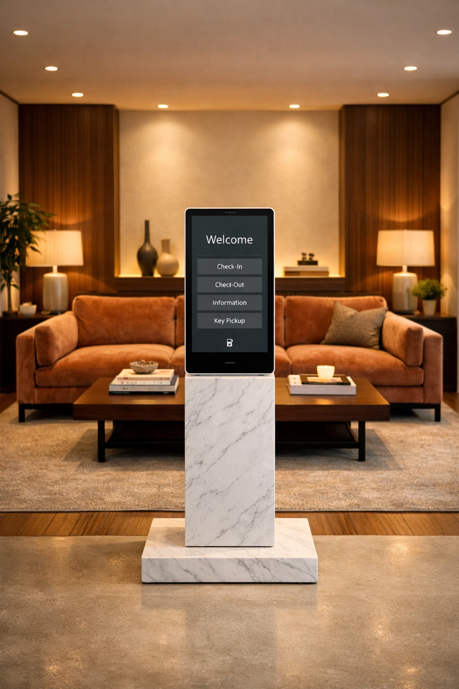 Modern hotel lobby lounge featuring a minimalist self-service check-in kiosk and comfortable seating.
