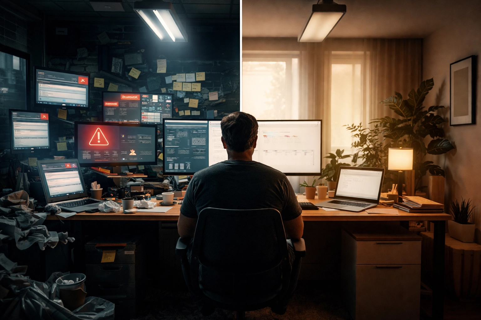 Split workspace shows chaotic digital overload versus calm focus, illustrating the need for human-centered AI environments.