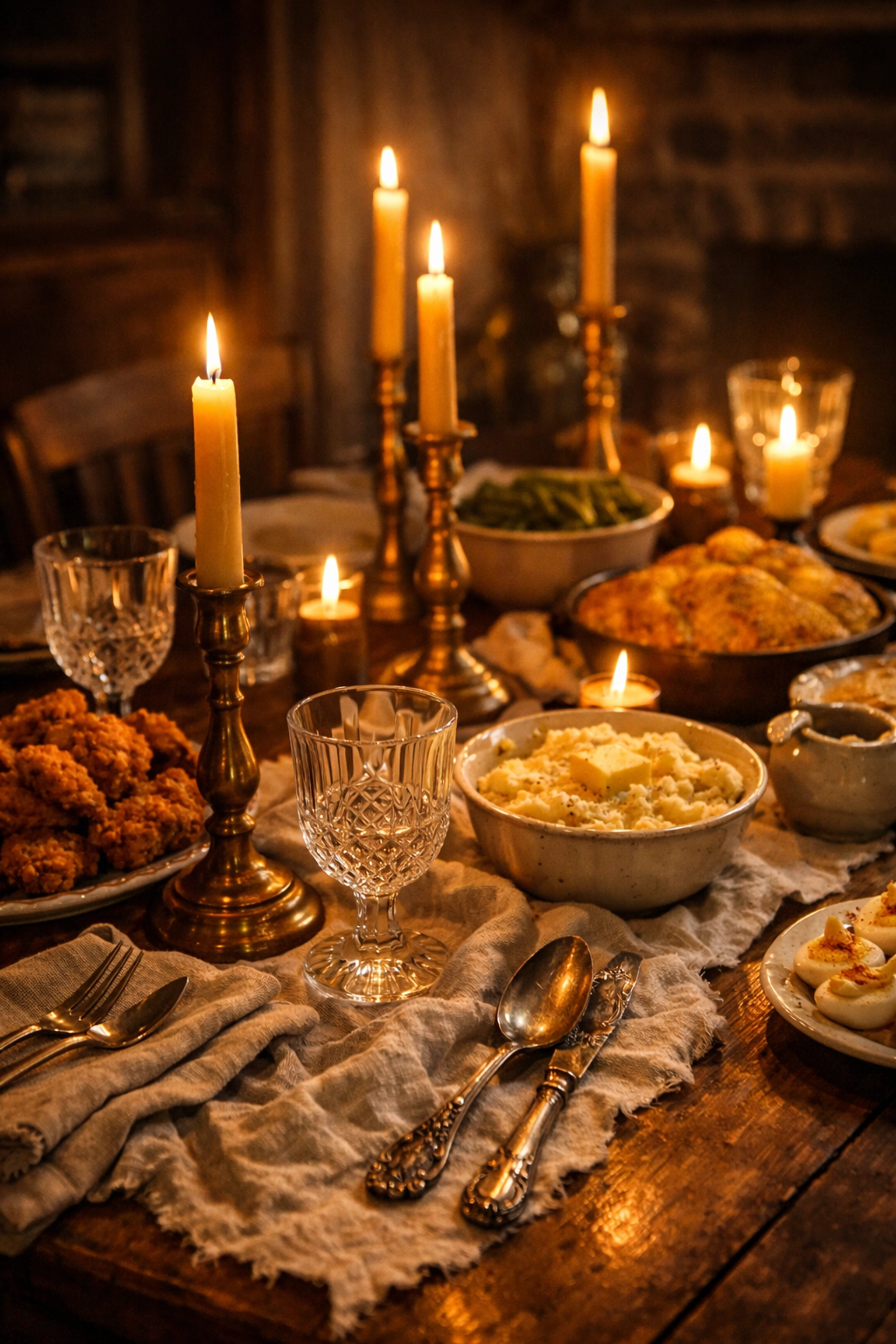 Atmospheric candlelit dining table set for an intimate and upscale Southern-inspired home event.