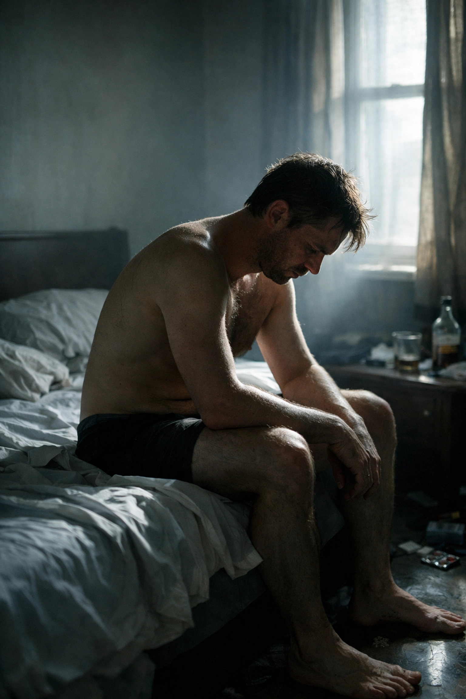 A gay man sitting alone on a bed in morning light, reflecting on the emotional toll of the party scene.
