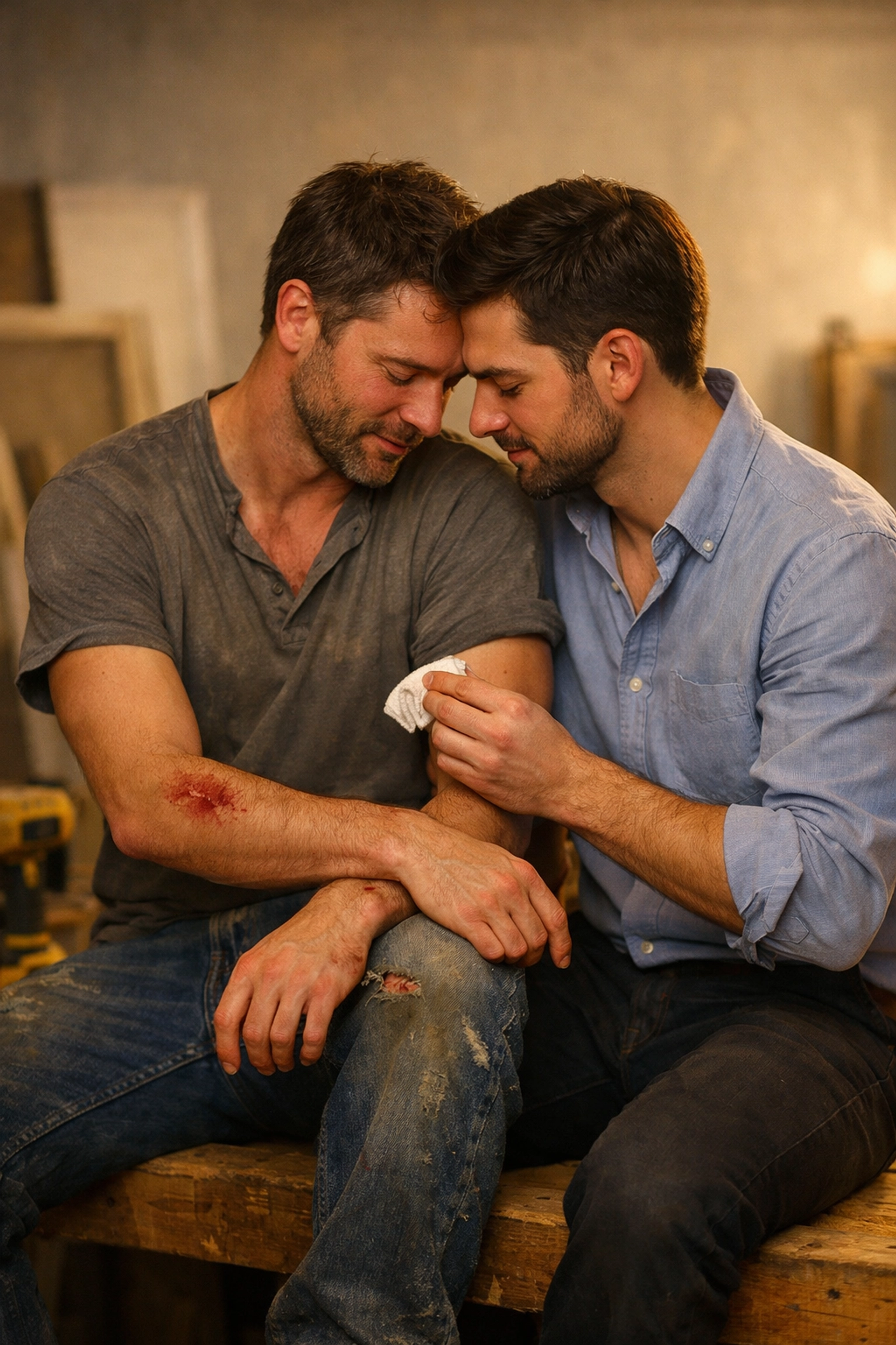 A tender hurt-comfort moment as a man cleans a handyman's wound, depicting emotional connection in MM fiction.